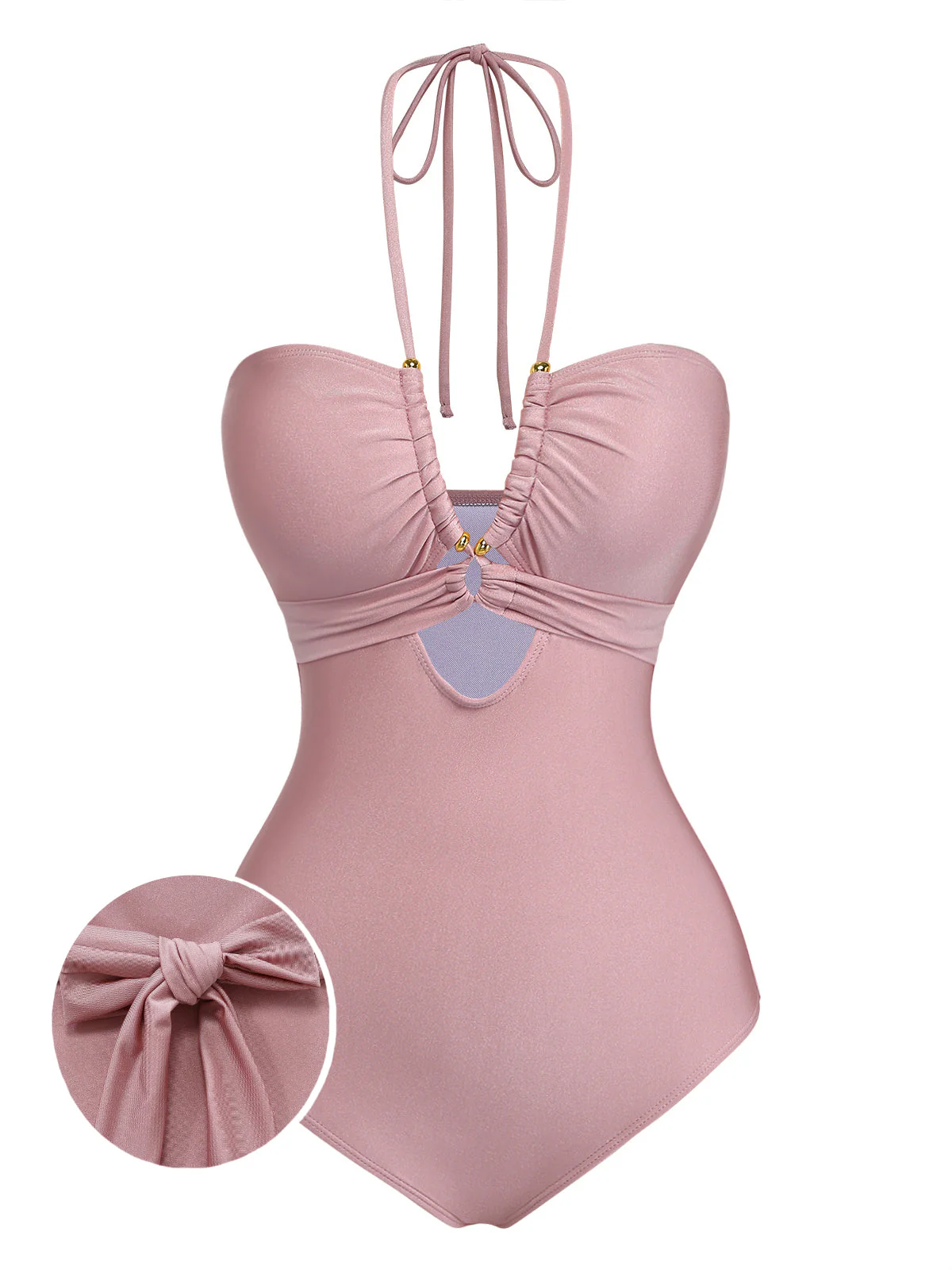 Maillot de bain rose dos nu anneau métallique et liens croisés années 40