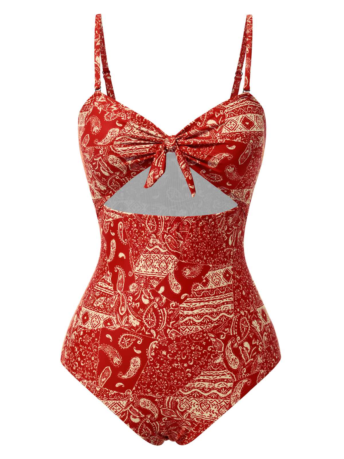 Maillot de bain rouge à bretelles creuses cachemire années 1970 - Image 3