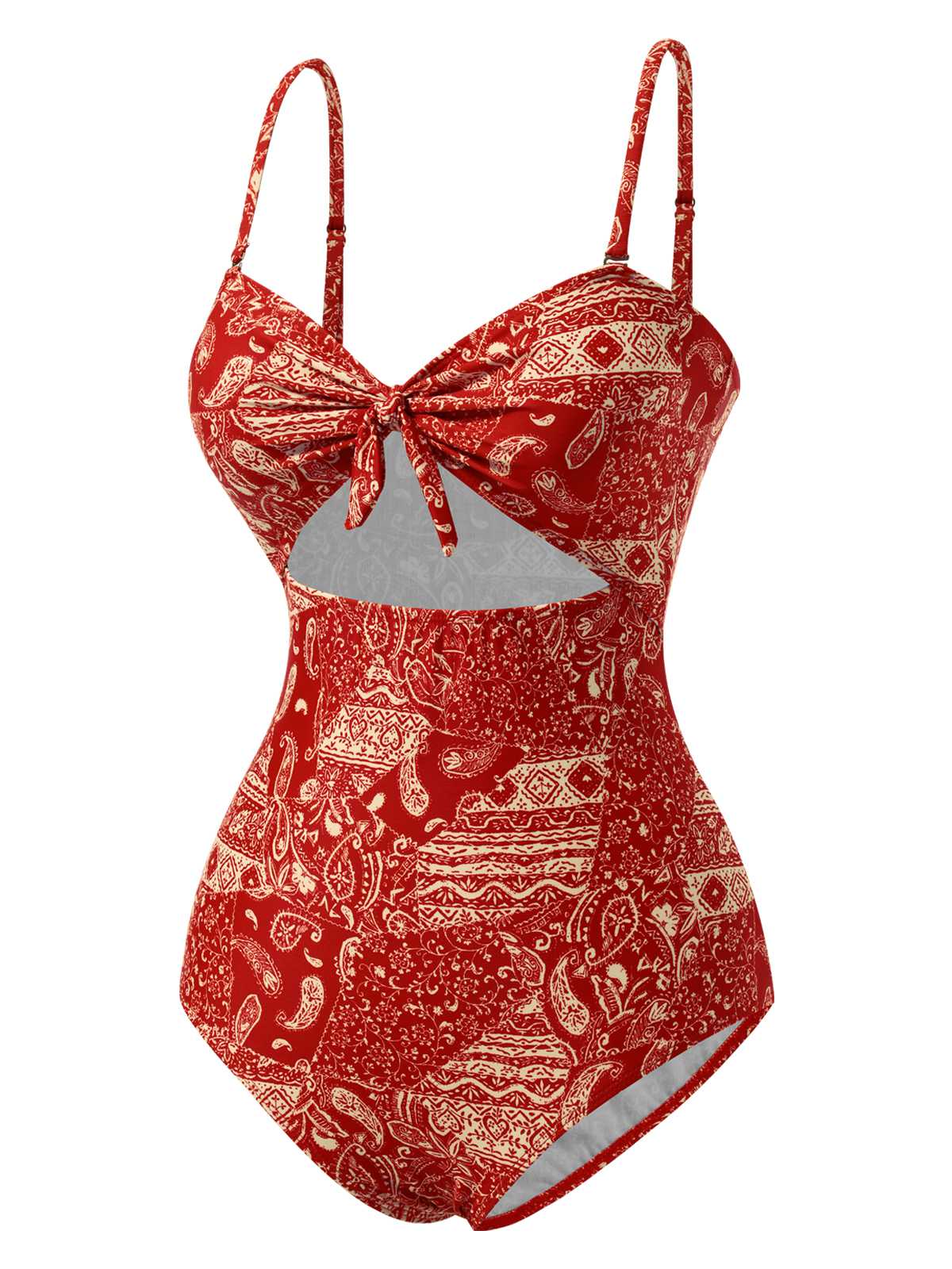 Maillot de bain rouge à bretelles creuses cachemire années 1970 - Image 4
