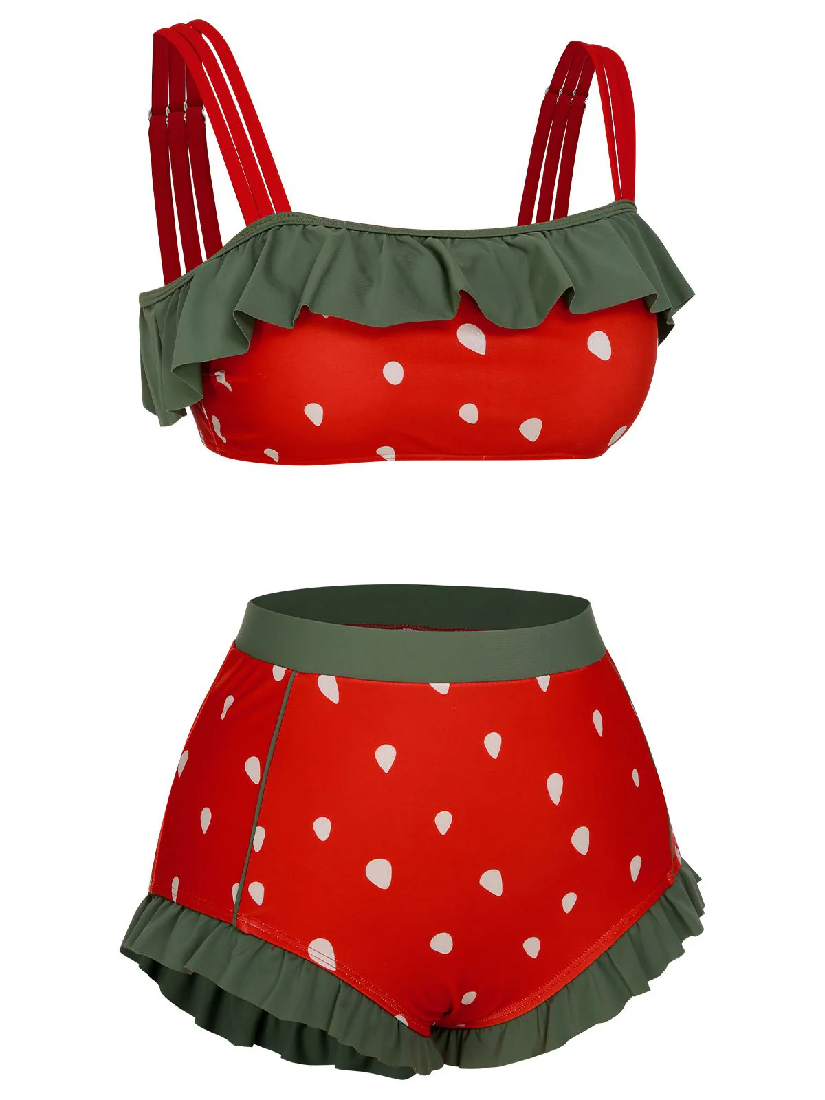 Maillot de bain rouge à bretelles à volants et fraises des années 1950 - Image 6