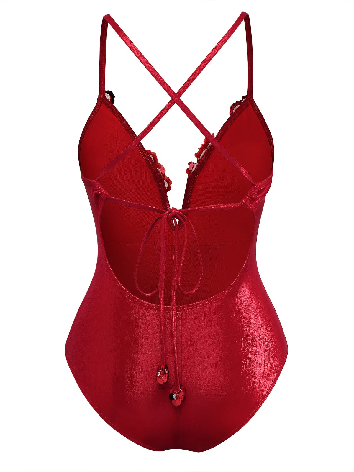 Maillot de bain rouge col V profond fleuriel 3D pailleté années 1960 - Image 2