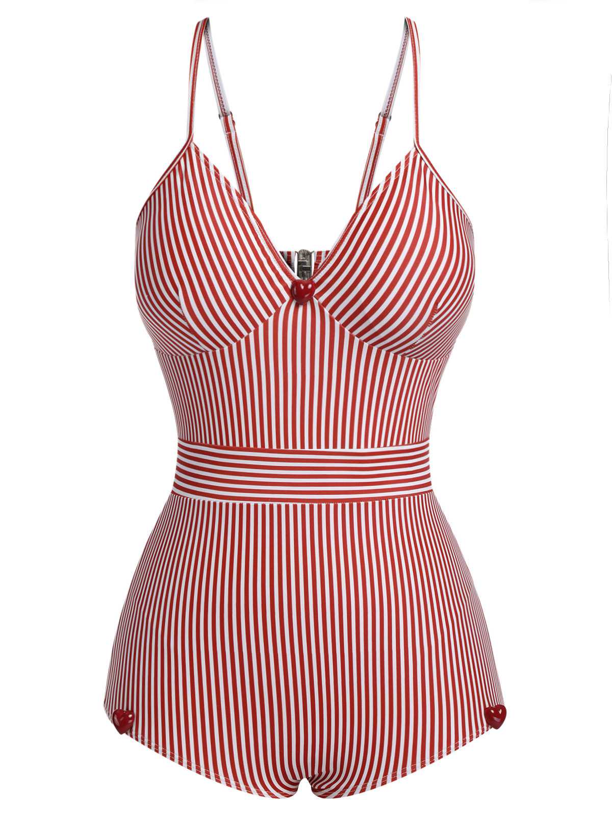 Maillot de bain rouge à rayures et bretelles spaghetti des années 1940 - Image 2