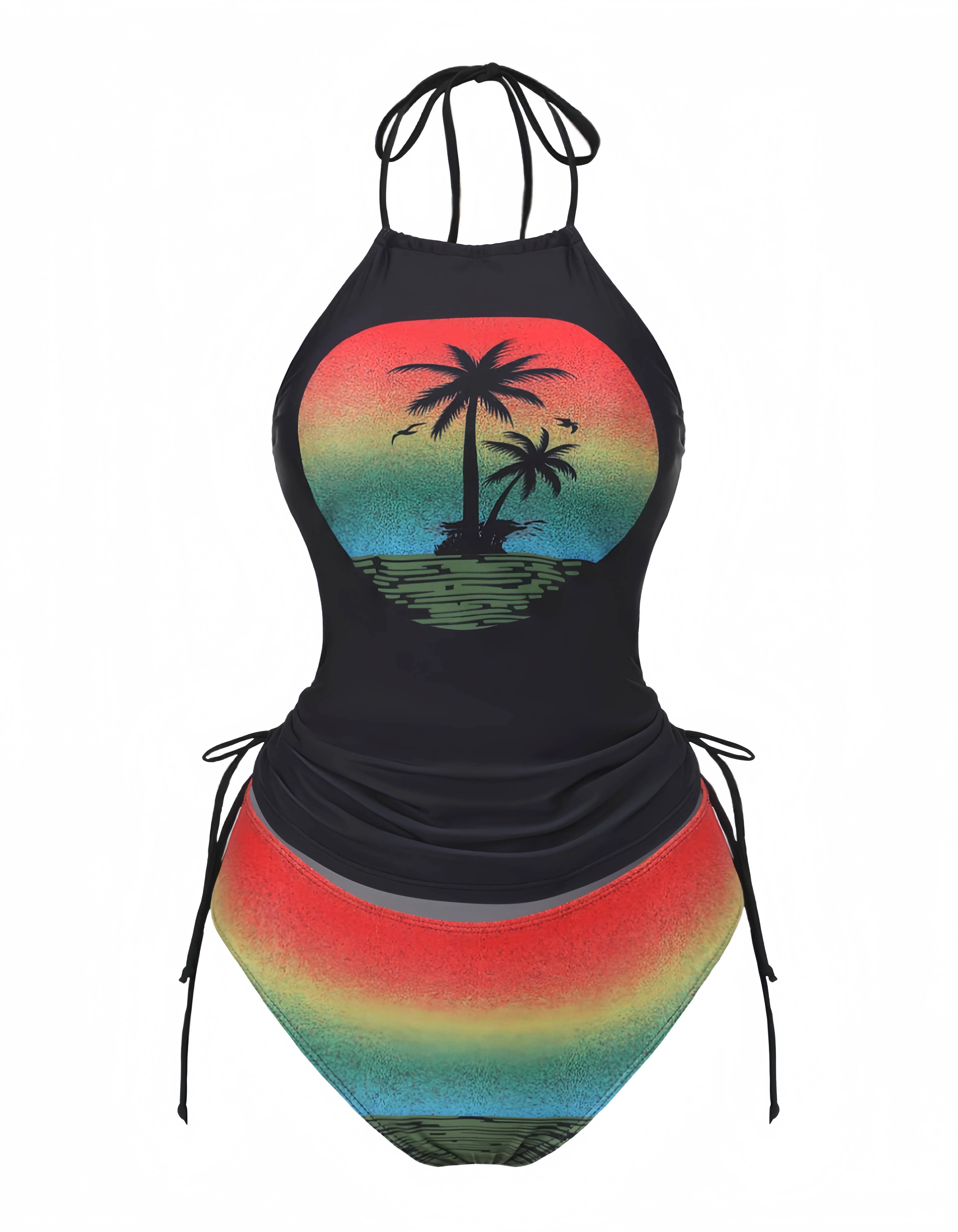Maillot de bain tankini tie-dye noir à motif palmiers au coucher du soleil années 1940 - Image 2