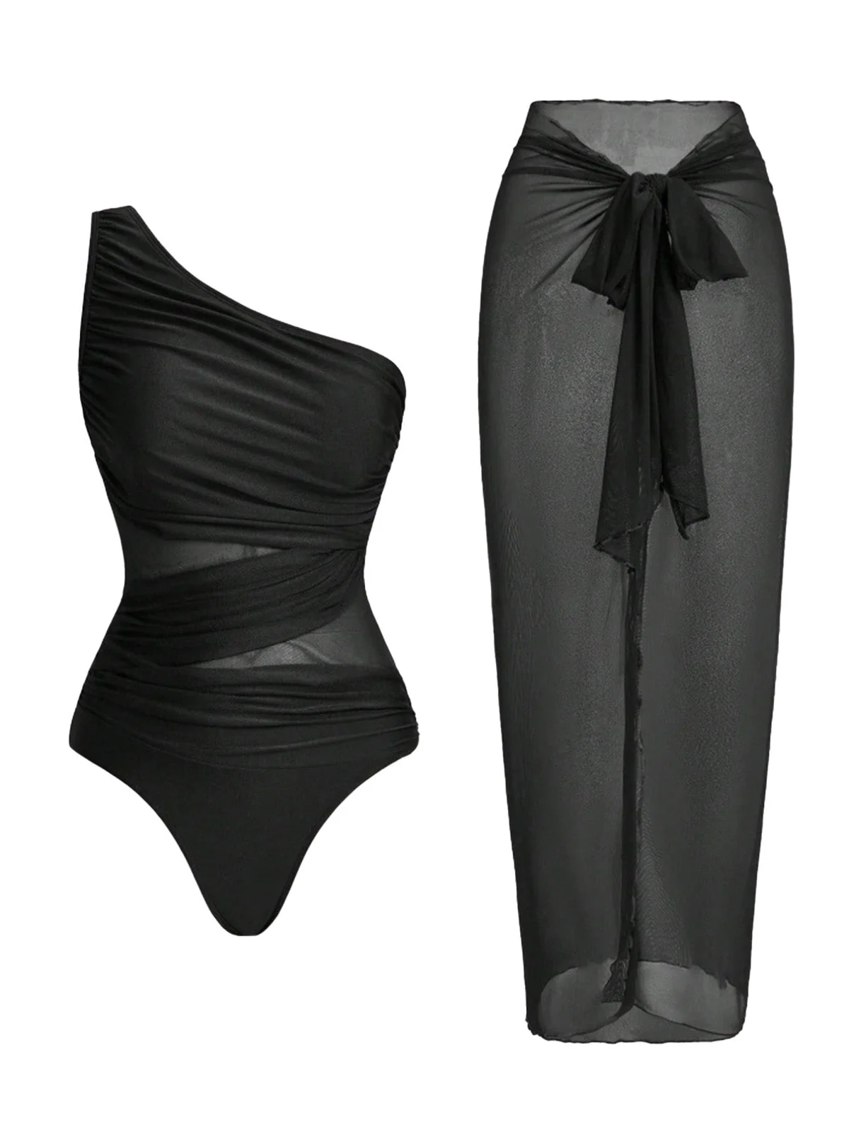 Maillot de bain une épaule froncée effet ventre plat paréo années 1950