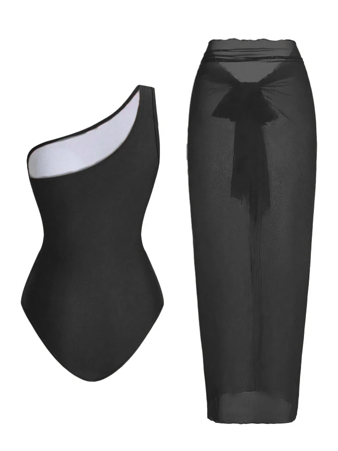 Maillot de bain une épaule froncée effet ventre plat paréo années 1950 - Image 2