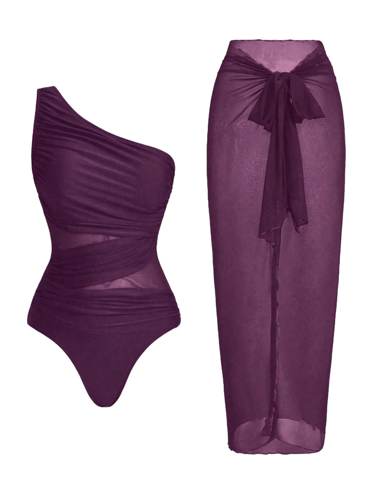 Maillot de bain une épaule froncée effet ventre plat paréo années 1950 - Image 7