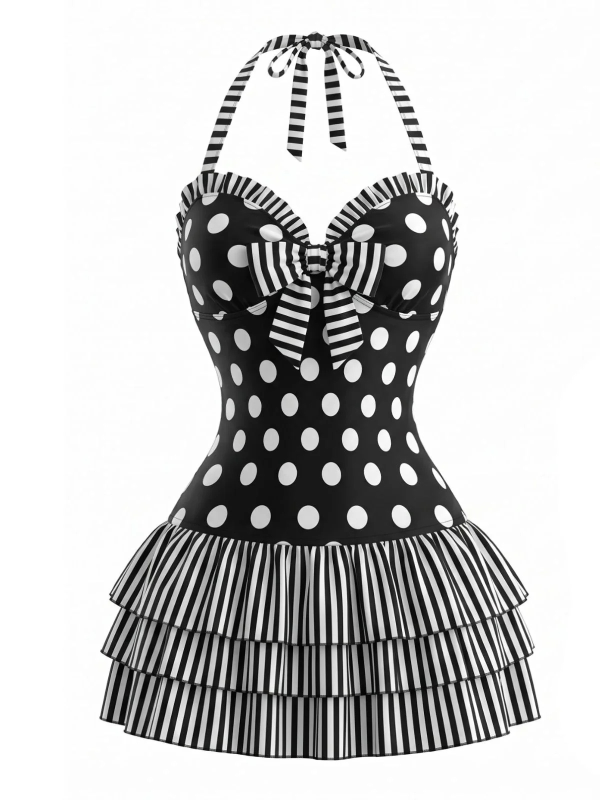 Maillot de bain une pièce noir pois nœud et dos nu années 40