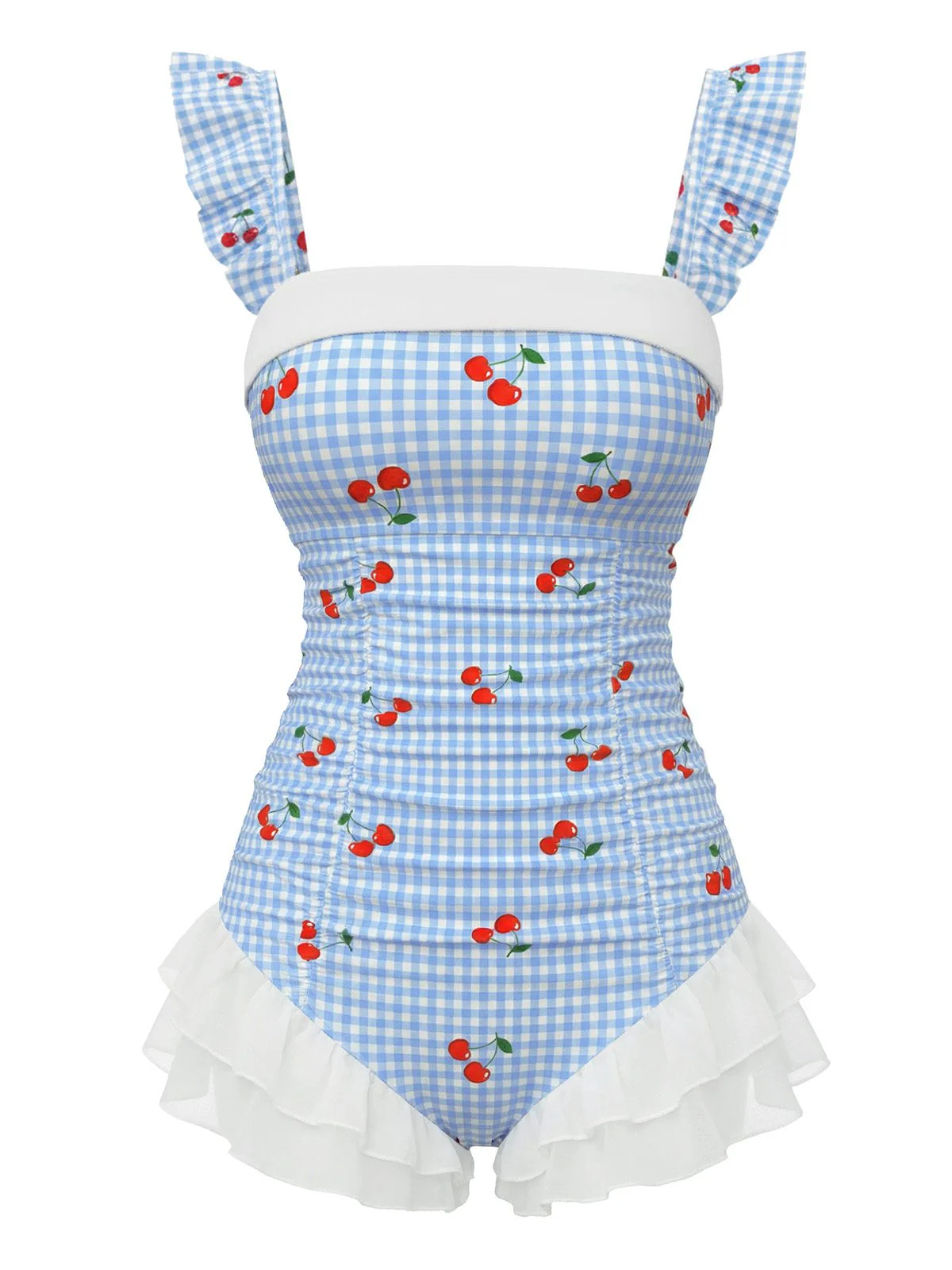 Maillot de bain une pièce résille à volants et à carreaux cerise bleus années 50