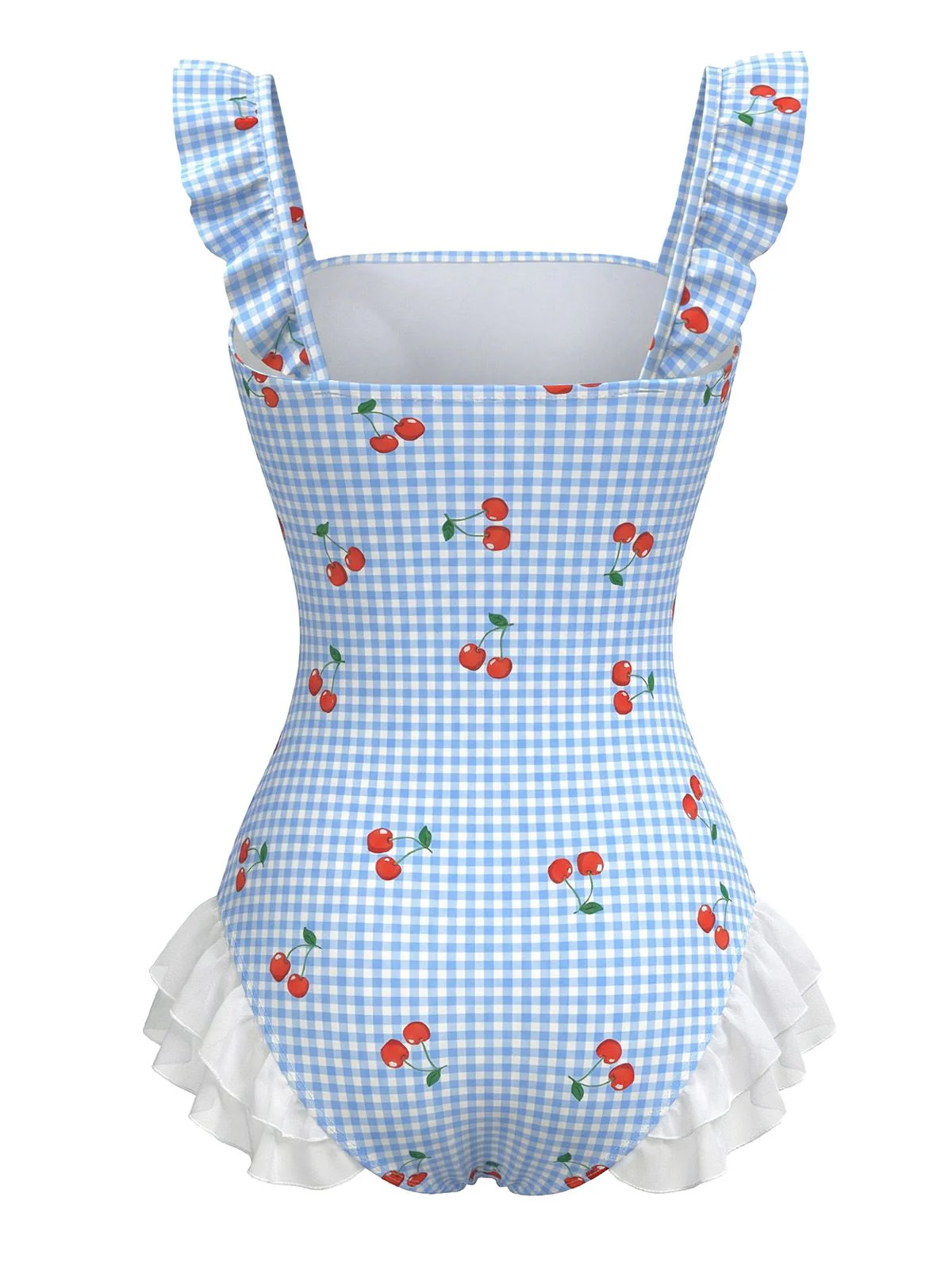 Maillot de bain une pièce résille à volants et à carreaux cerise bleus années 50 - Image 3