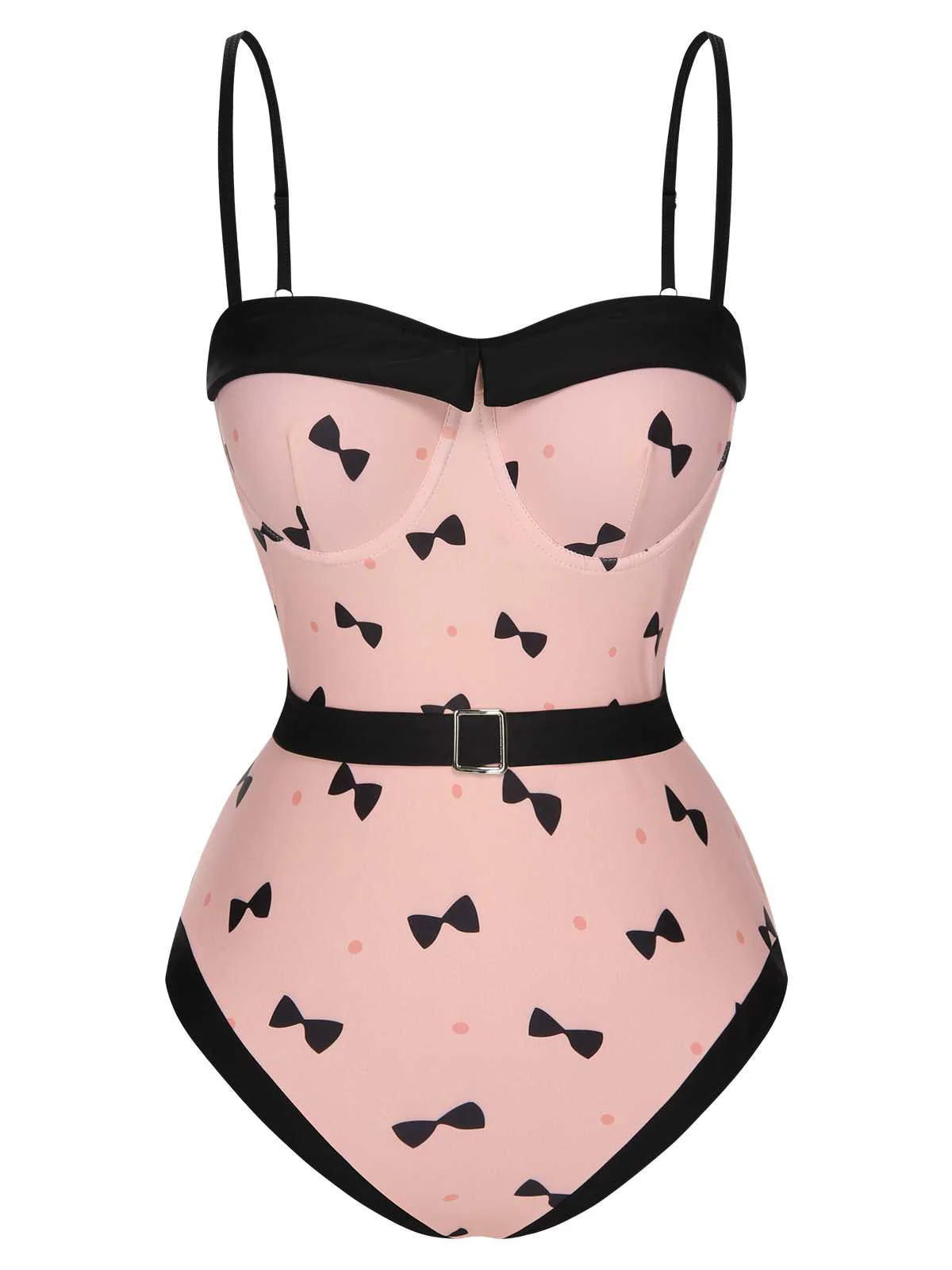 Maillot de bain une pièce rose à imprimé nœud et pois des années 1950 - Image 2