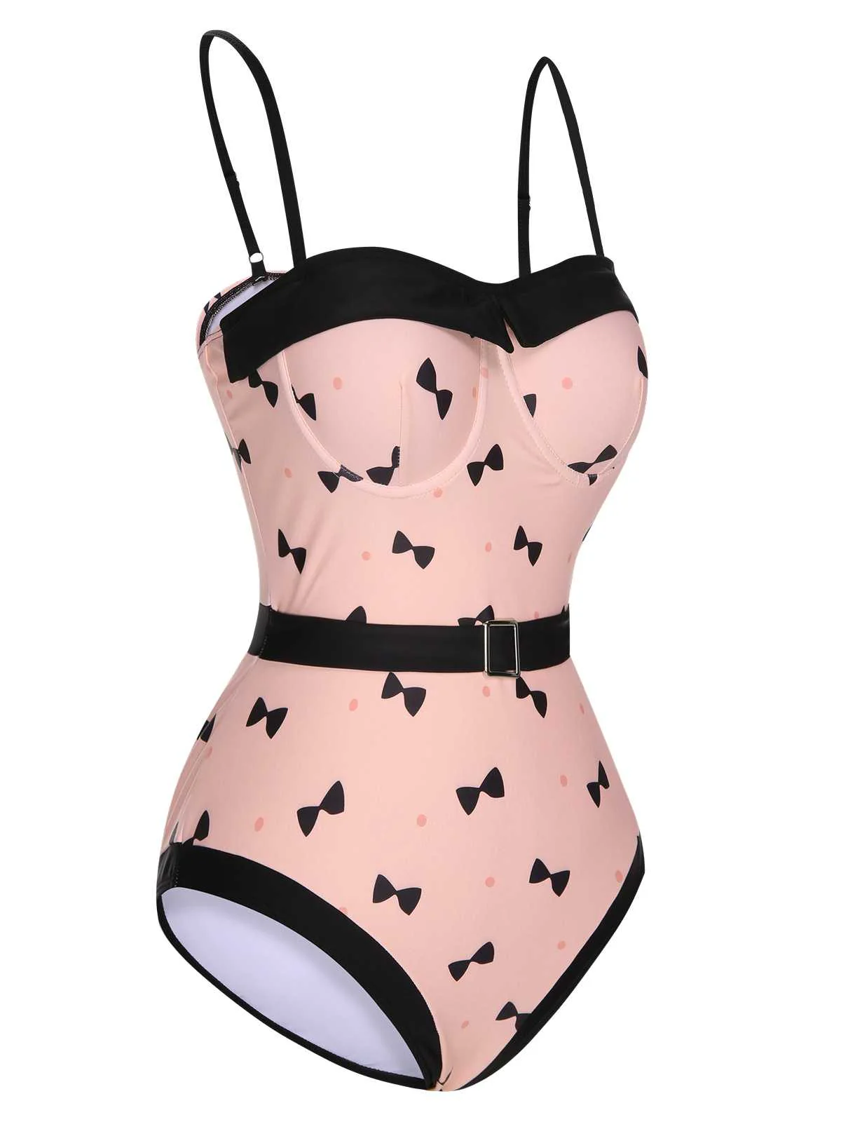 Maillot de bain une pièce rose à imprimé nœud et pois des années 1950 - Image 3