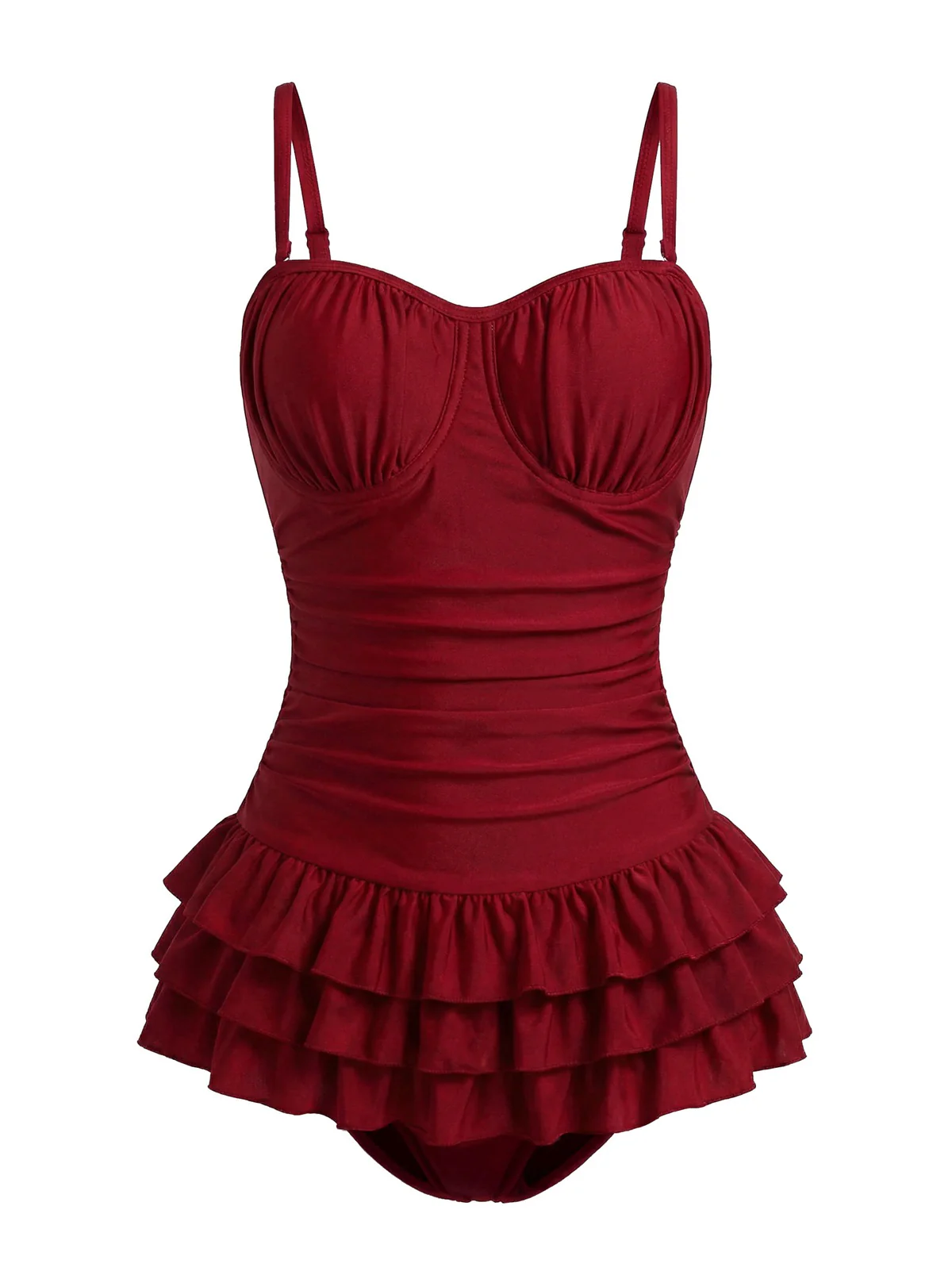 Maillot de bain une pièce rouge volants et fronces années 50 - Image 3
