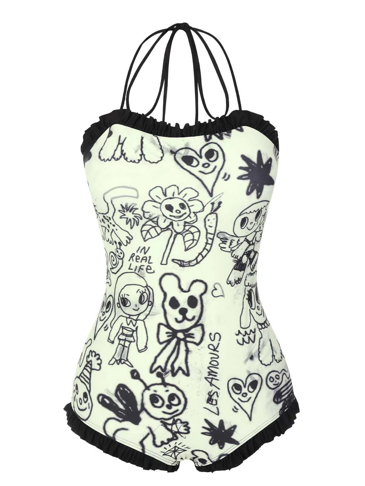 Maillot de bain une pièce à volants motif dessin animé années 1960