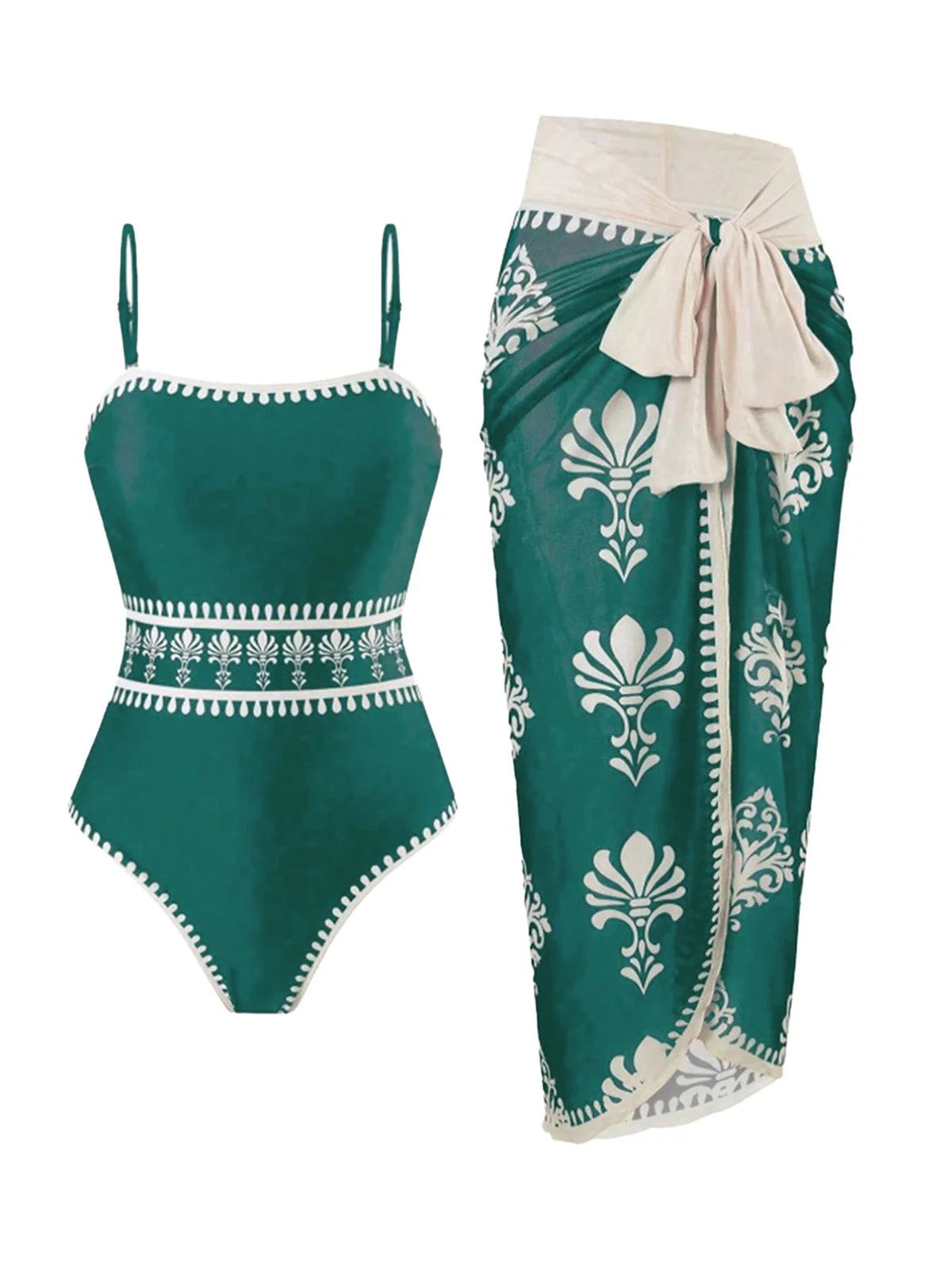 Maillot De Bain Une Pièce Avec Paréo À Motifs Vert Années 1970