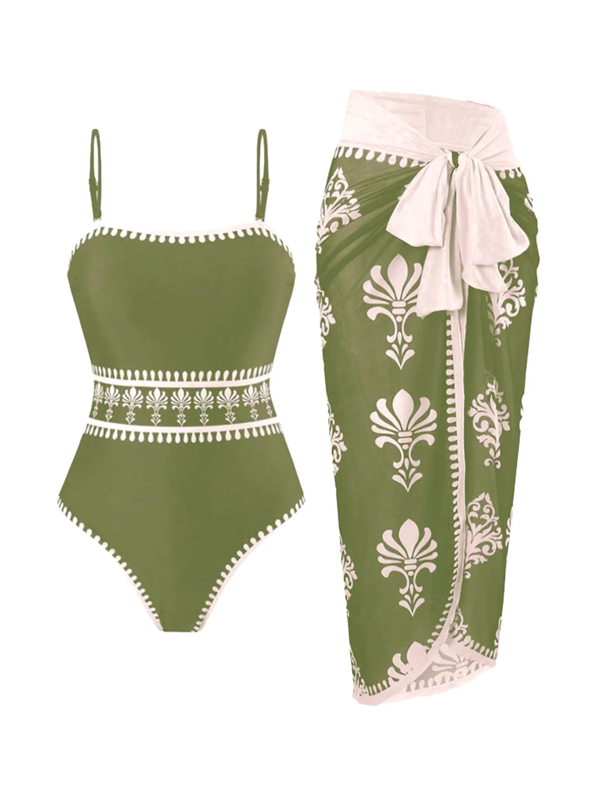 Maillot De Bain Une Pièce Avec Paréo À Motifs Vert Années 1970 - Image 8