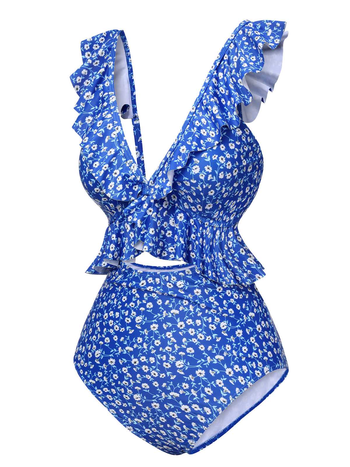 Maillot de bain une pièce bleu à volants floraux des années 1950 - Image 2