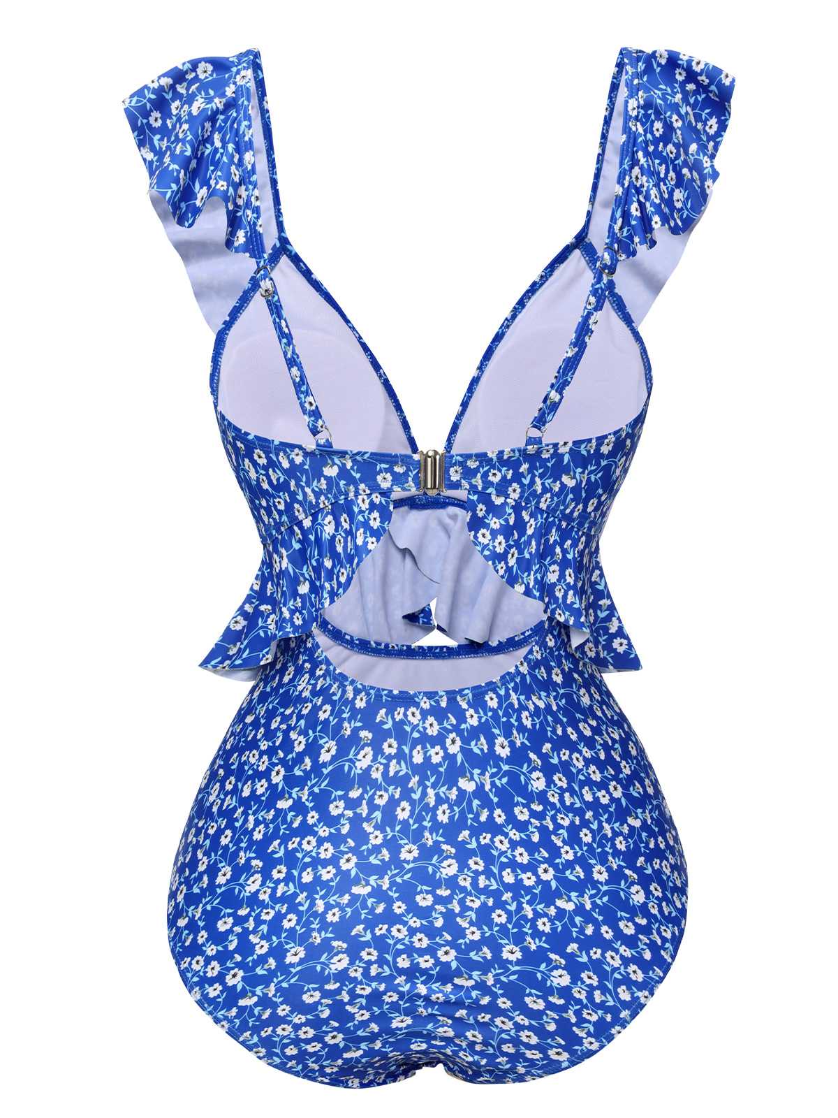 Maillot de bain une pièce bleu à volants floraux des années 1950 - Image 3