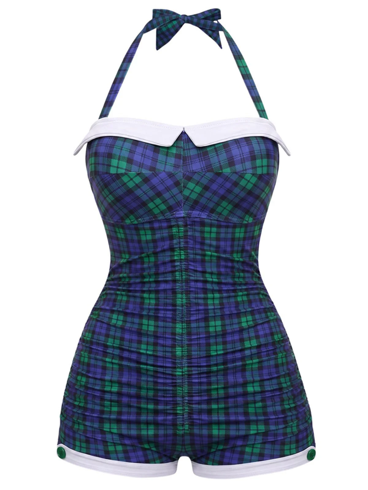 Maillot de bain une pièce Bleu et vert carreaux vichy dos nu et nœud papillon années 1950 - Image 3