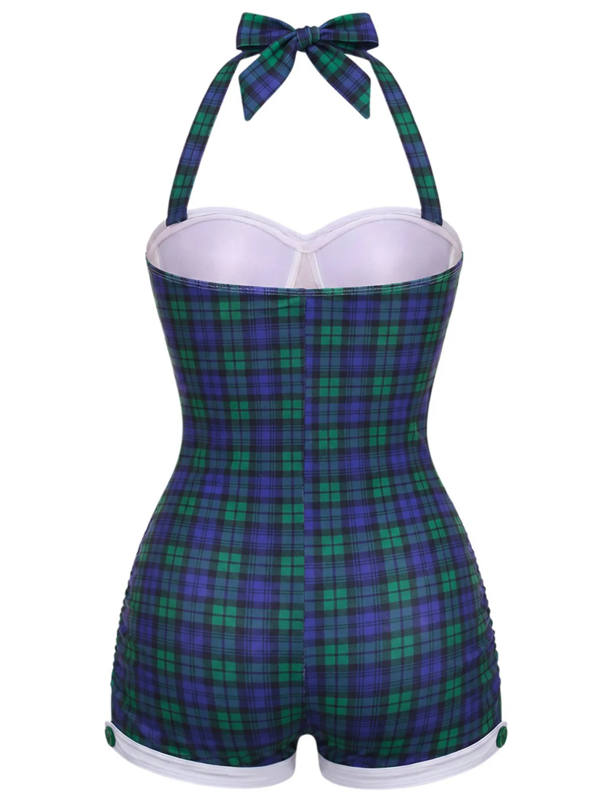 Maillot de bain une pièce Bleu et vert carreaux vichy dos nu et nœud papillon années 1950 - Image 4