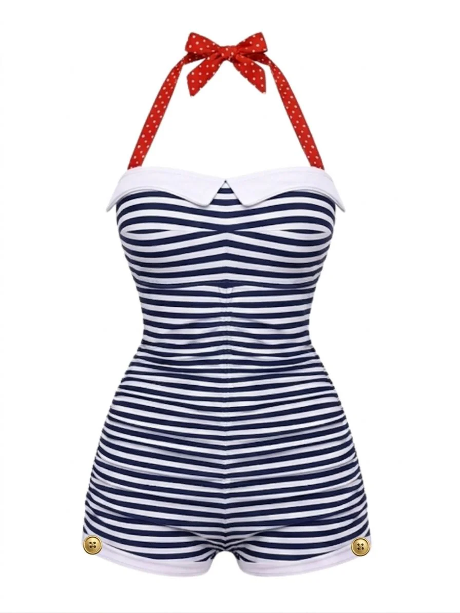 Maillot de bain une pièce rayé à pois et à nœud papillon années 1950
