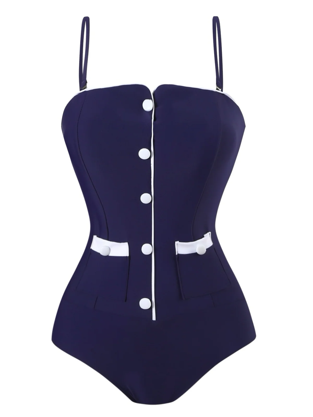 Maillot de bain une pièce bleu foncé à bretelles boutons années 1940