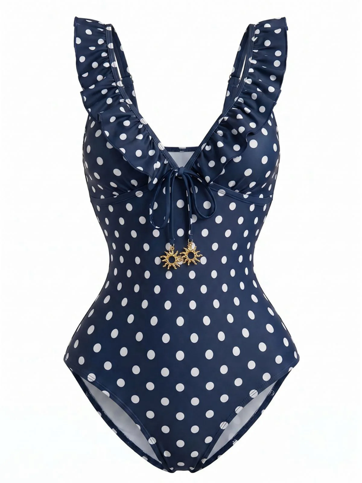 Maillot de bain une pièce bleu foncé à pois à volants et col en V années 1950 - Image 2