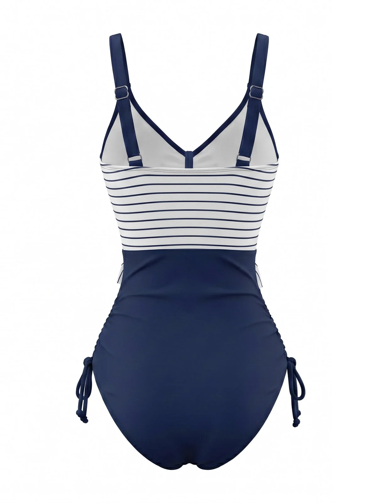 Maillot de bain une pièce bleu marine rayures nautiques volants et cordon serrage années 80 - Image 2