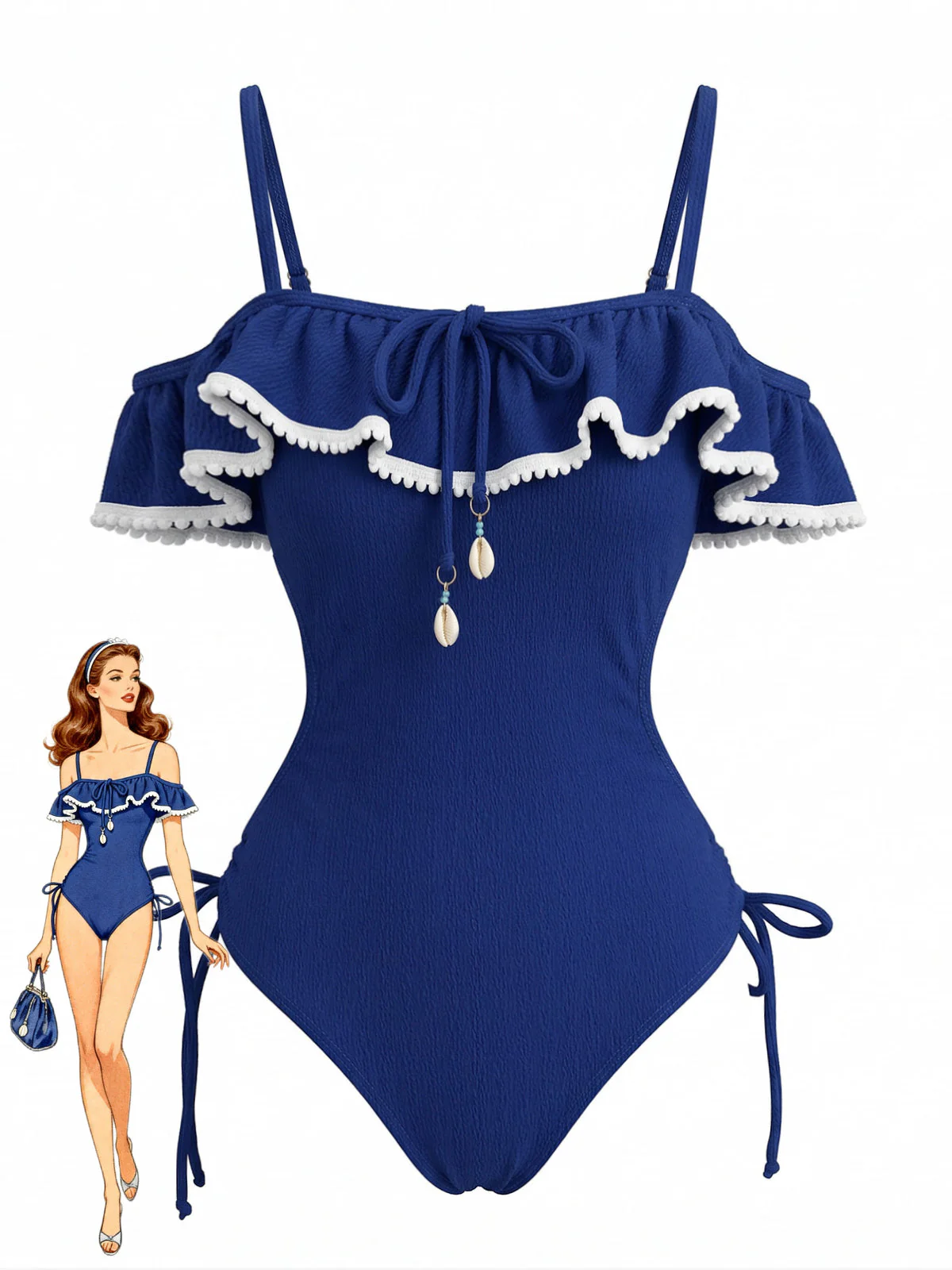 Maillot de bain une pièce bleu pendentif coquillage et volants années 1940