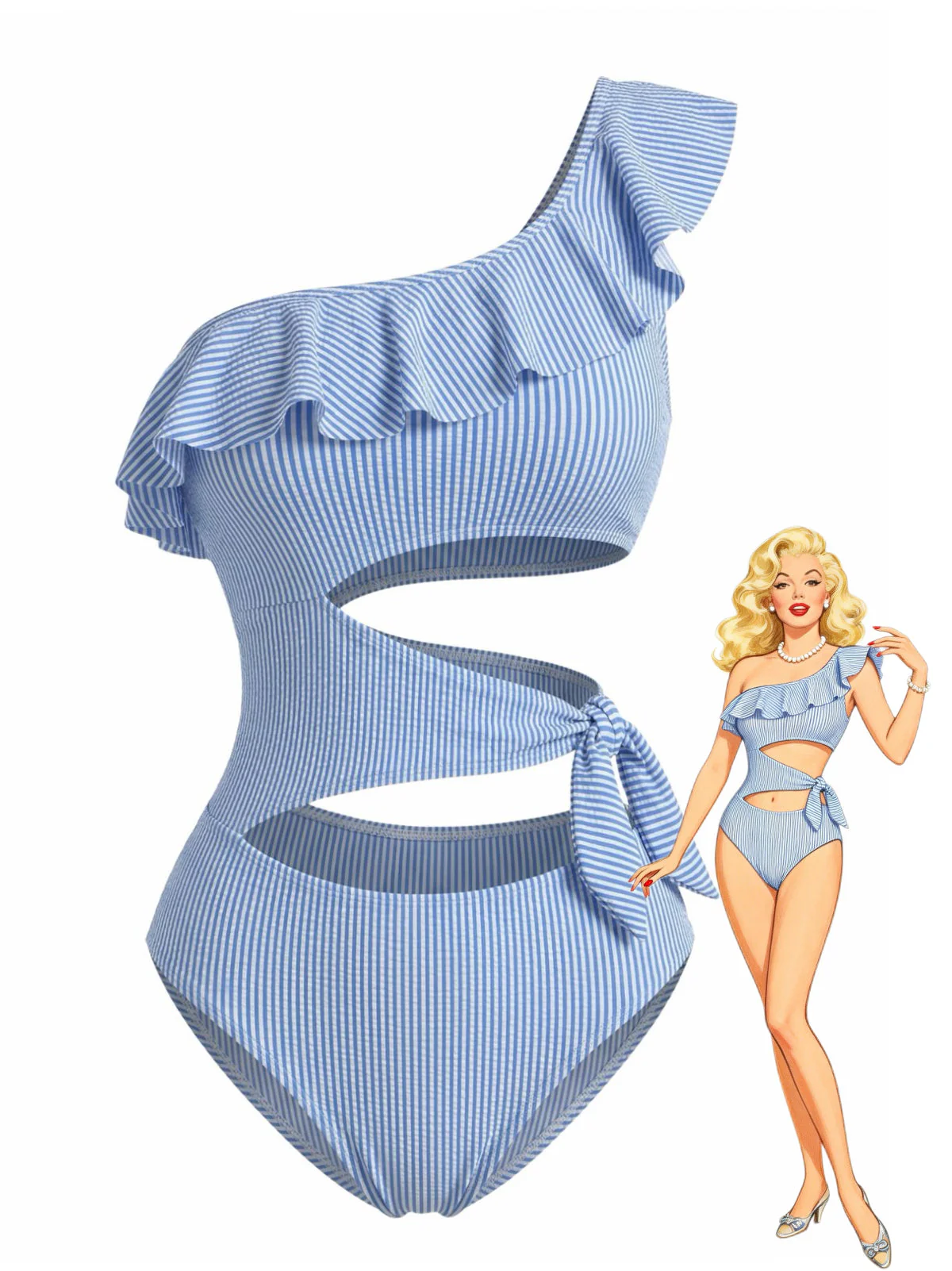 Maillot de bain une pièce bleu rayé asymétrique et ajouré années 1940