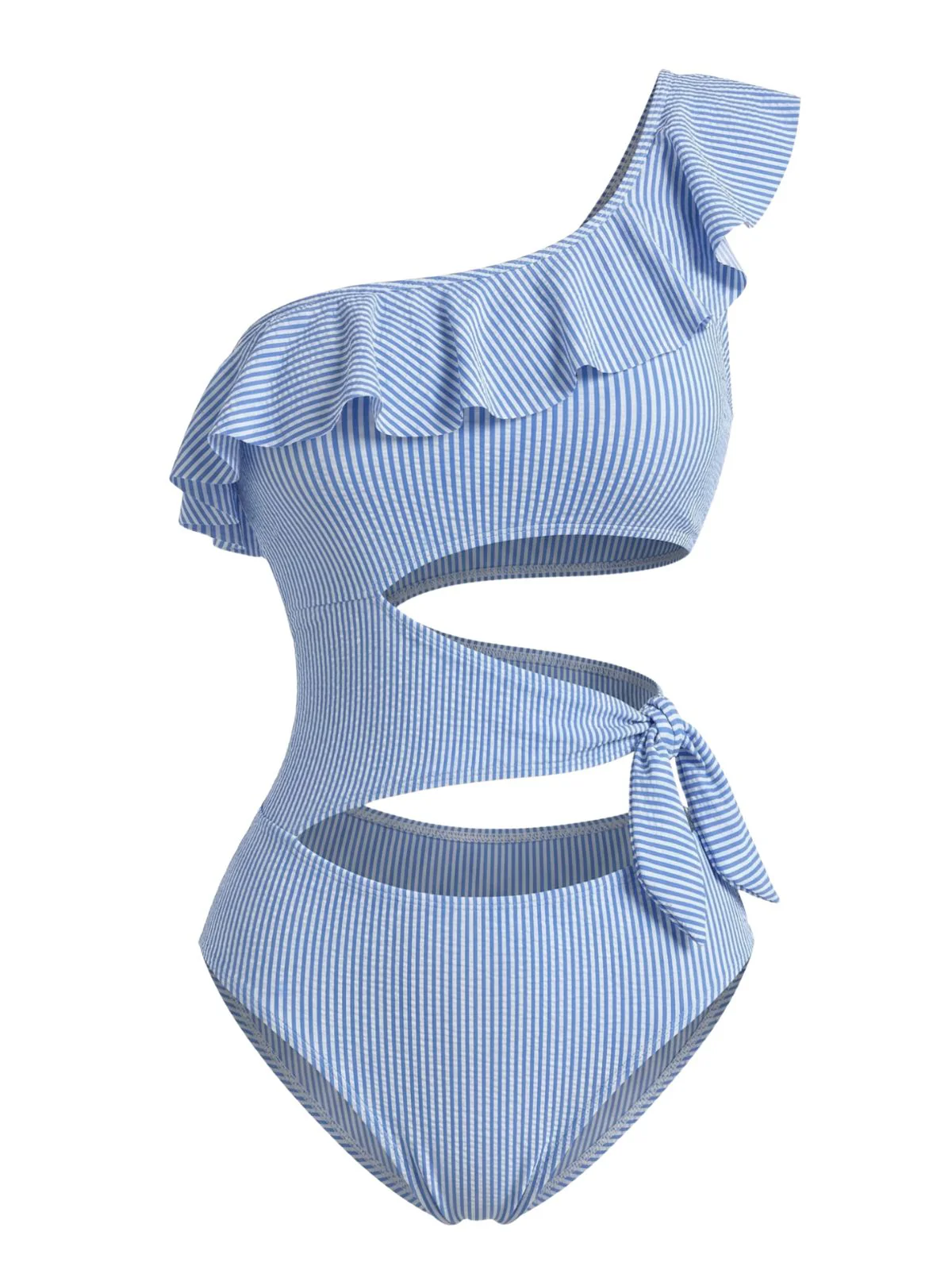 Maillot de bain une pièce bleu rayé asymétrique et ajouré années 1940 - Image 3