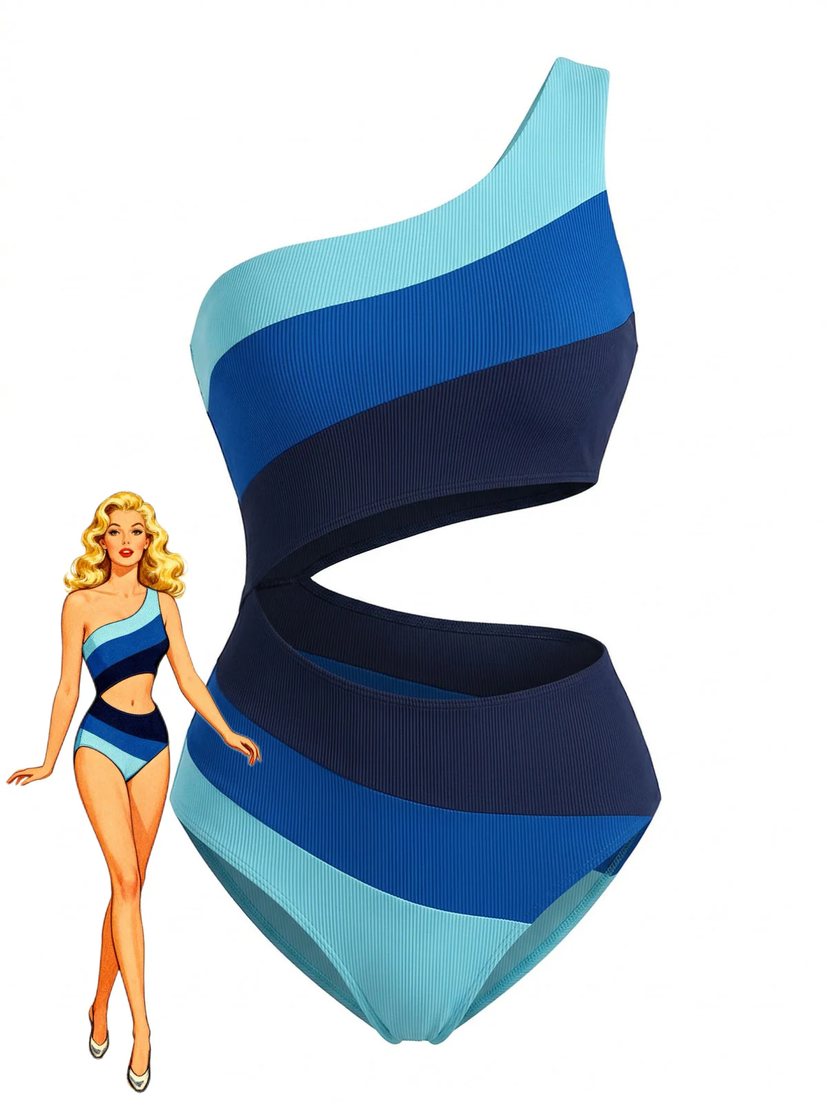 Maillot de bain une pièce bleu rayures et blocs couleur années 1940