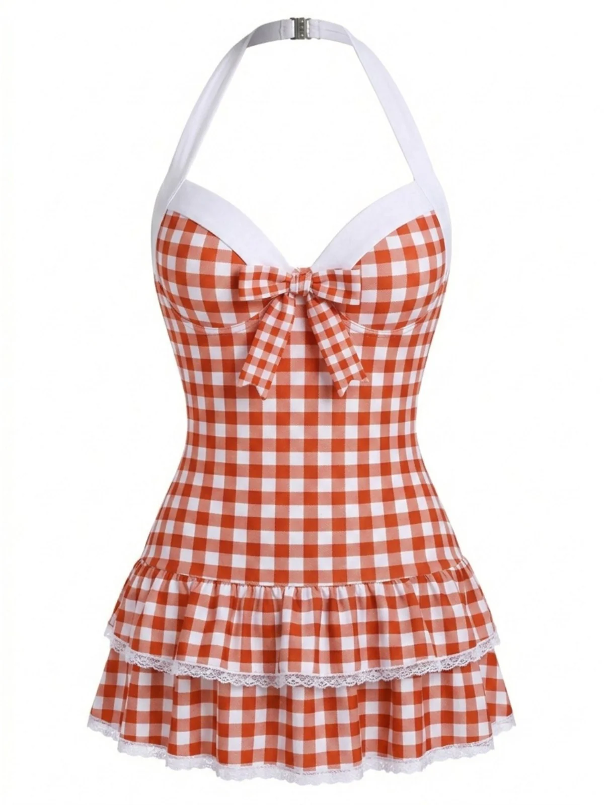 Maillot de bain une pièce carreaux rouges et nœud années 1940