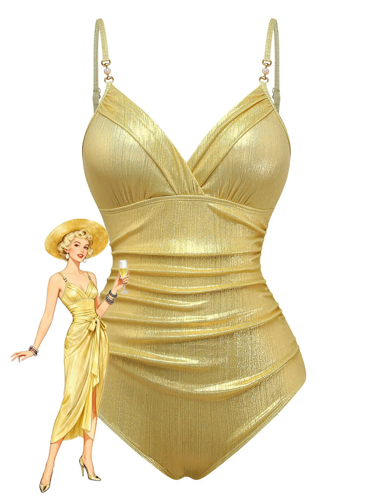 Maillot de bain une pièce doré à bretelles froncées et perles années 1980 - Image 2