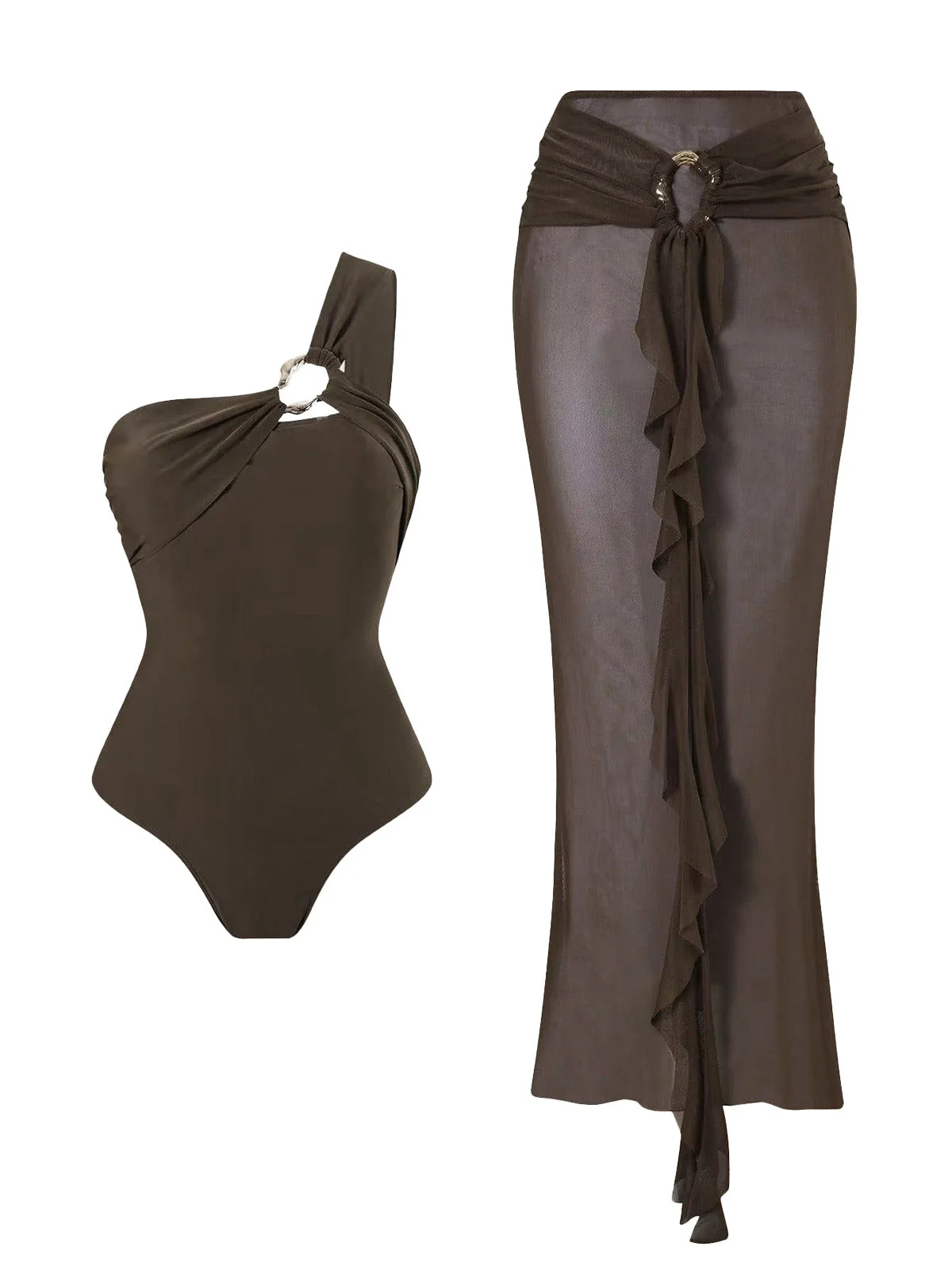 Maillot de Bain Une Pièce et Cache-Maillot à Volants Marron Années 1930