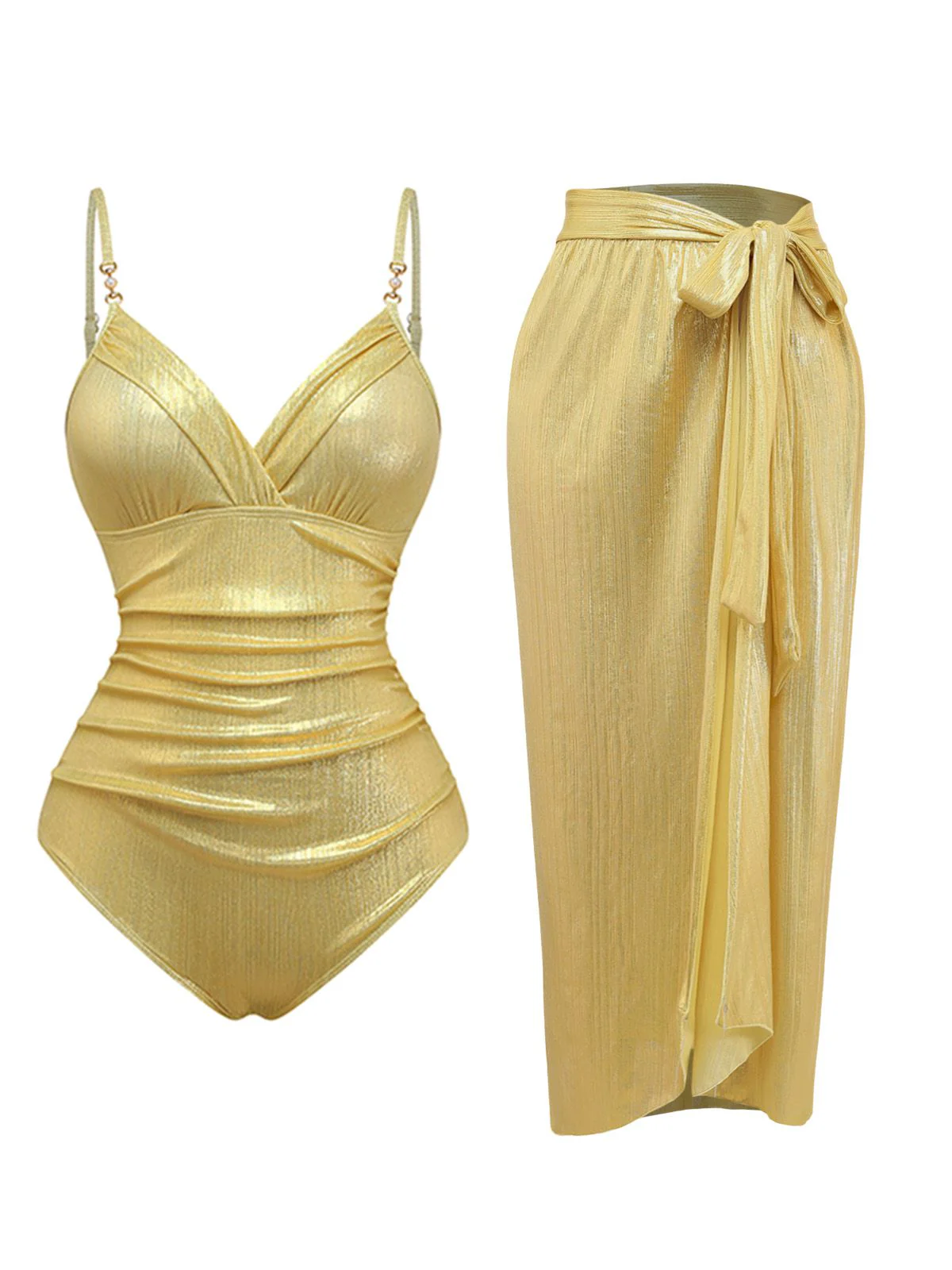Maillot de bain une pièce froncé doré des années 1980 et paréo - Image 2