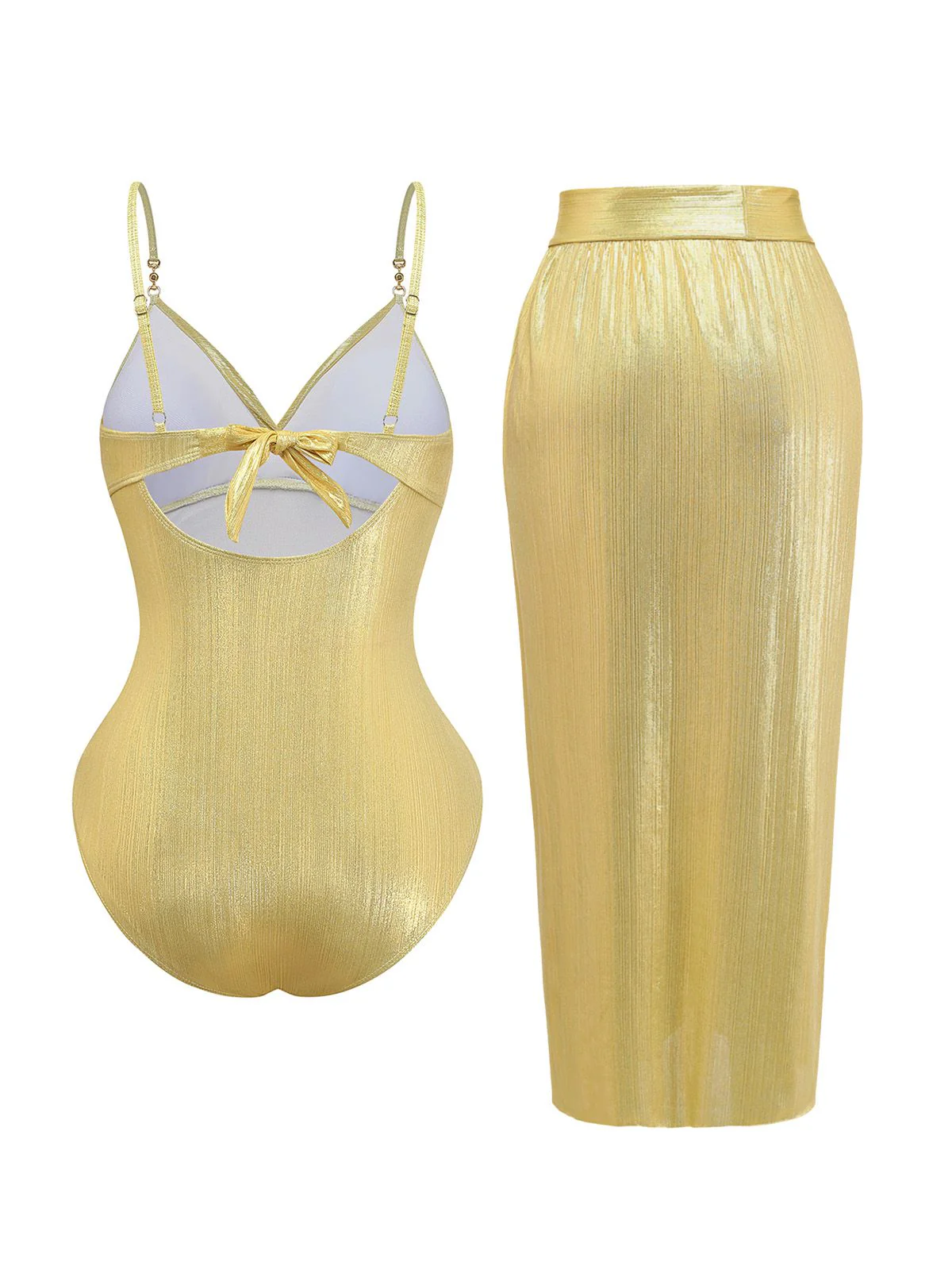 Maillot de bain une pièce froncé doré des années 1980 et paréo - Image 3