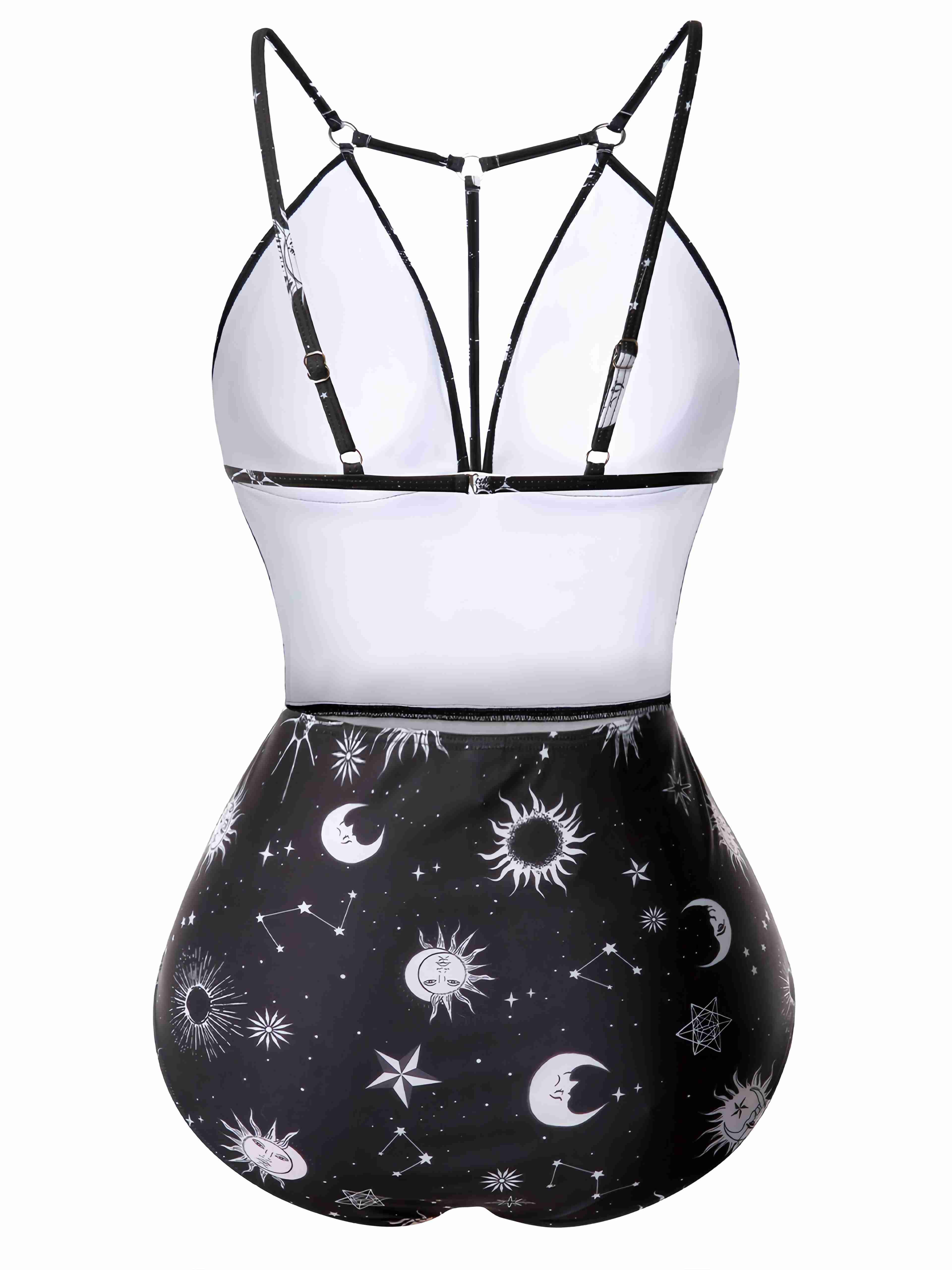 Maillot de bain une pièce gothique col V profond étoile et lune années 1980 - Image 2