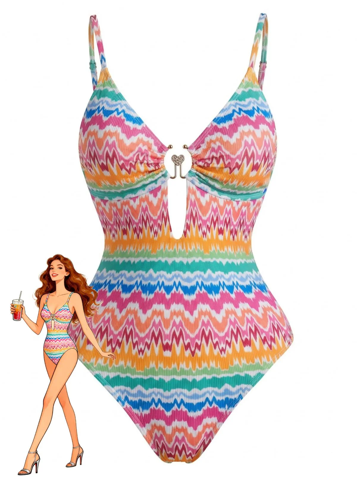 Maillot de Bain Une Pièce Imprimé Chevron Multicolore Années 1950