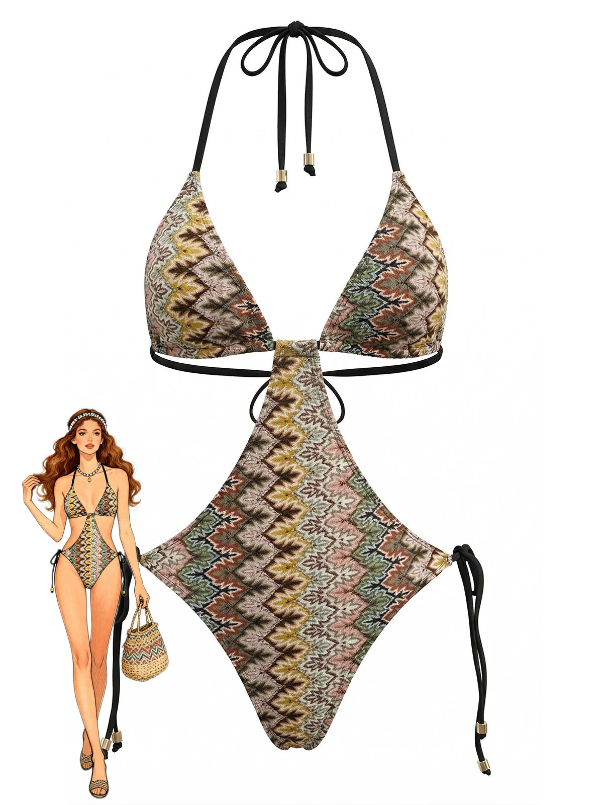 Maillot de Bain Une Pièce Marron Bohème Froncé Années 1970