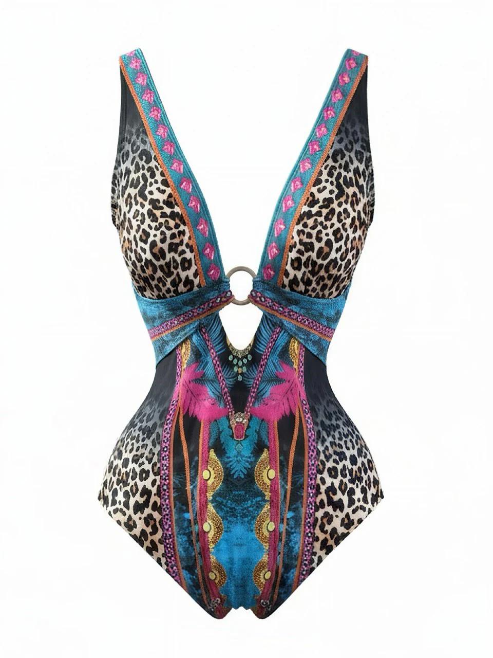 Maillot de bain une pièce motif léopard et décolleté plongeant en V années 80 - Image 4
