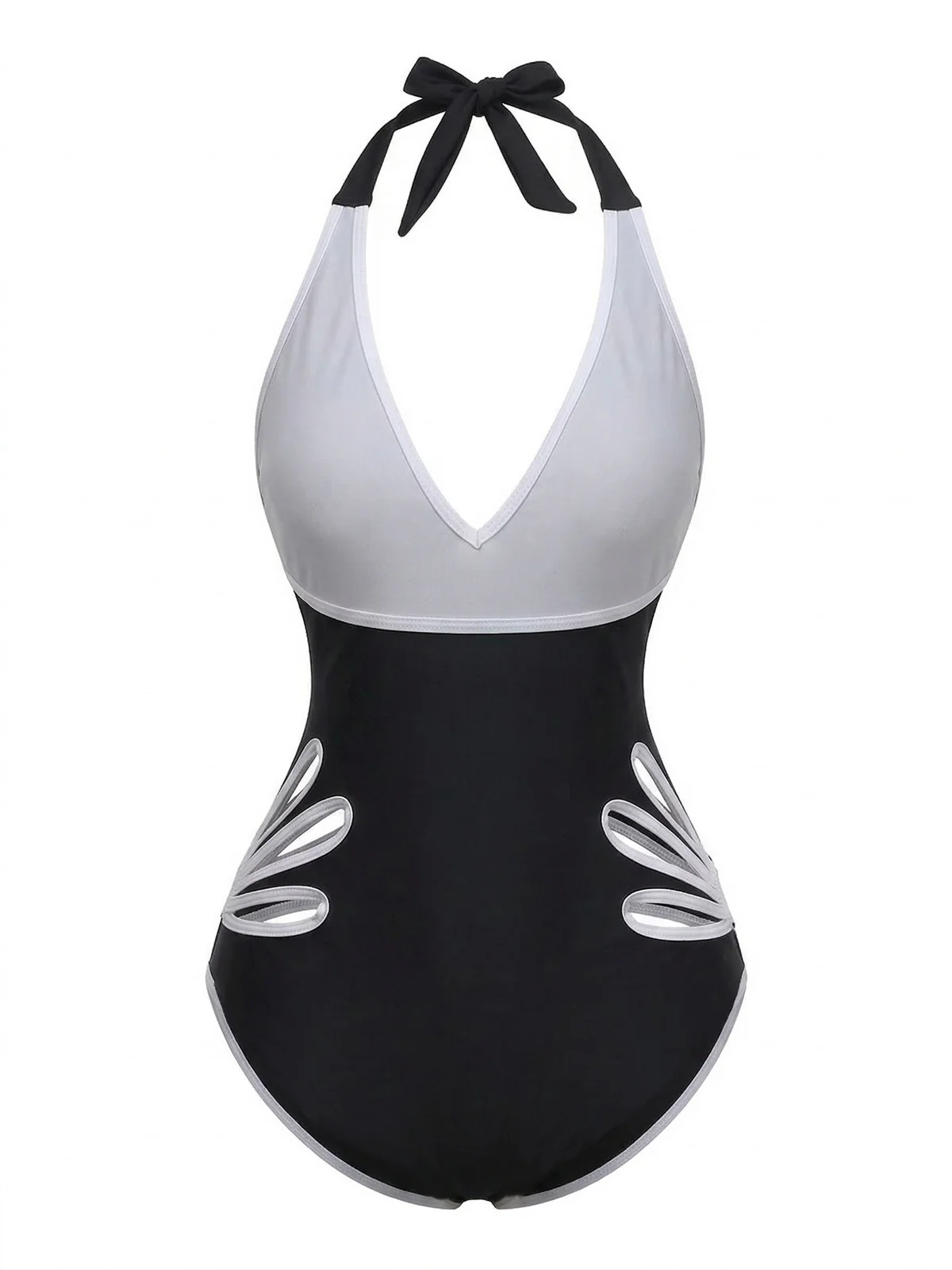 Maillot de bain une pièce noir à découpes florales années 1940 - Image 3