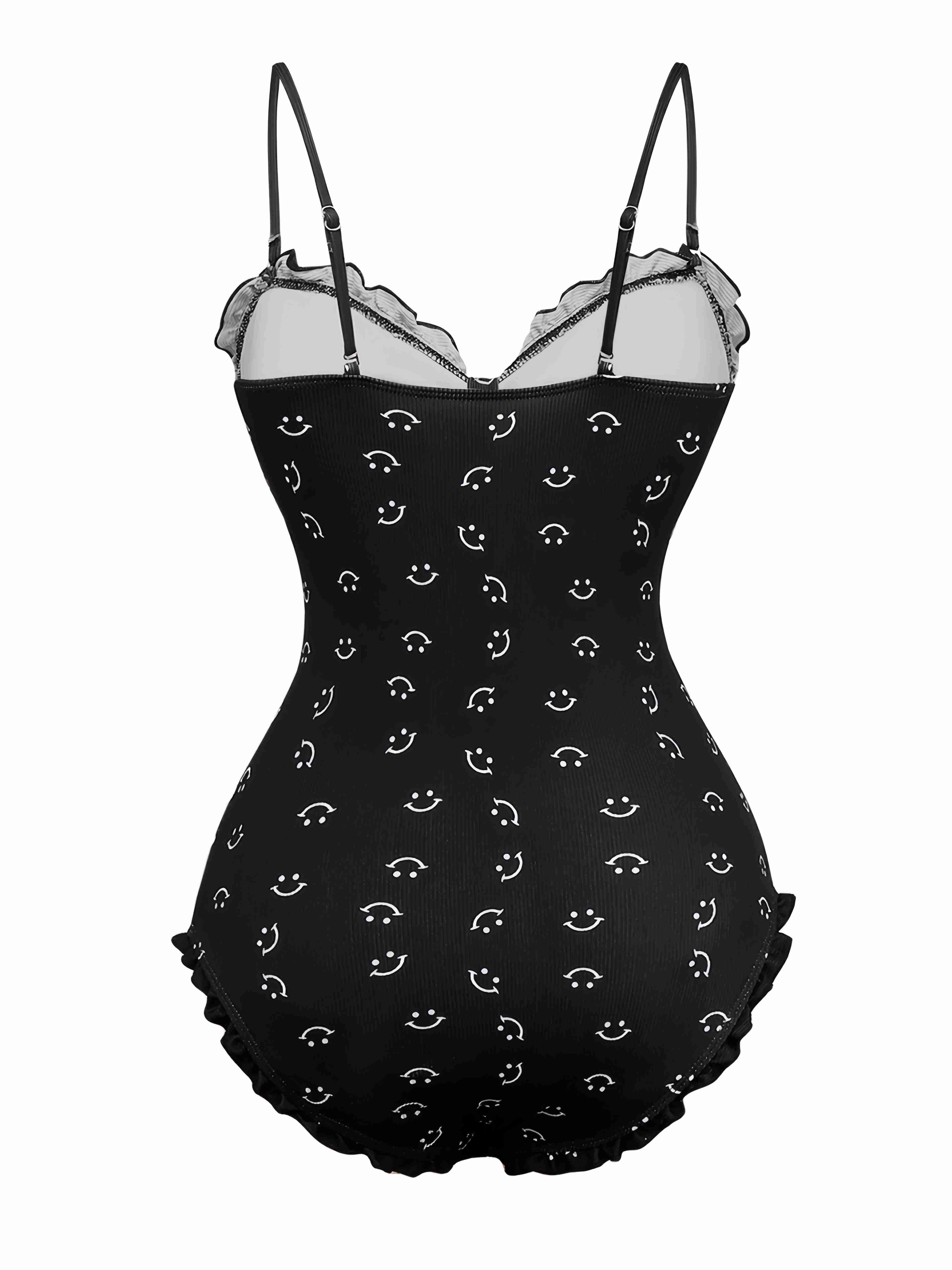 Maillot de bain une pièce noir à volants et bretelles imprimé sourire années 1930 - Image 2