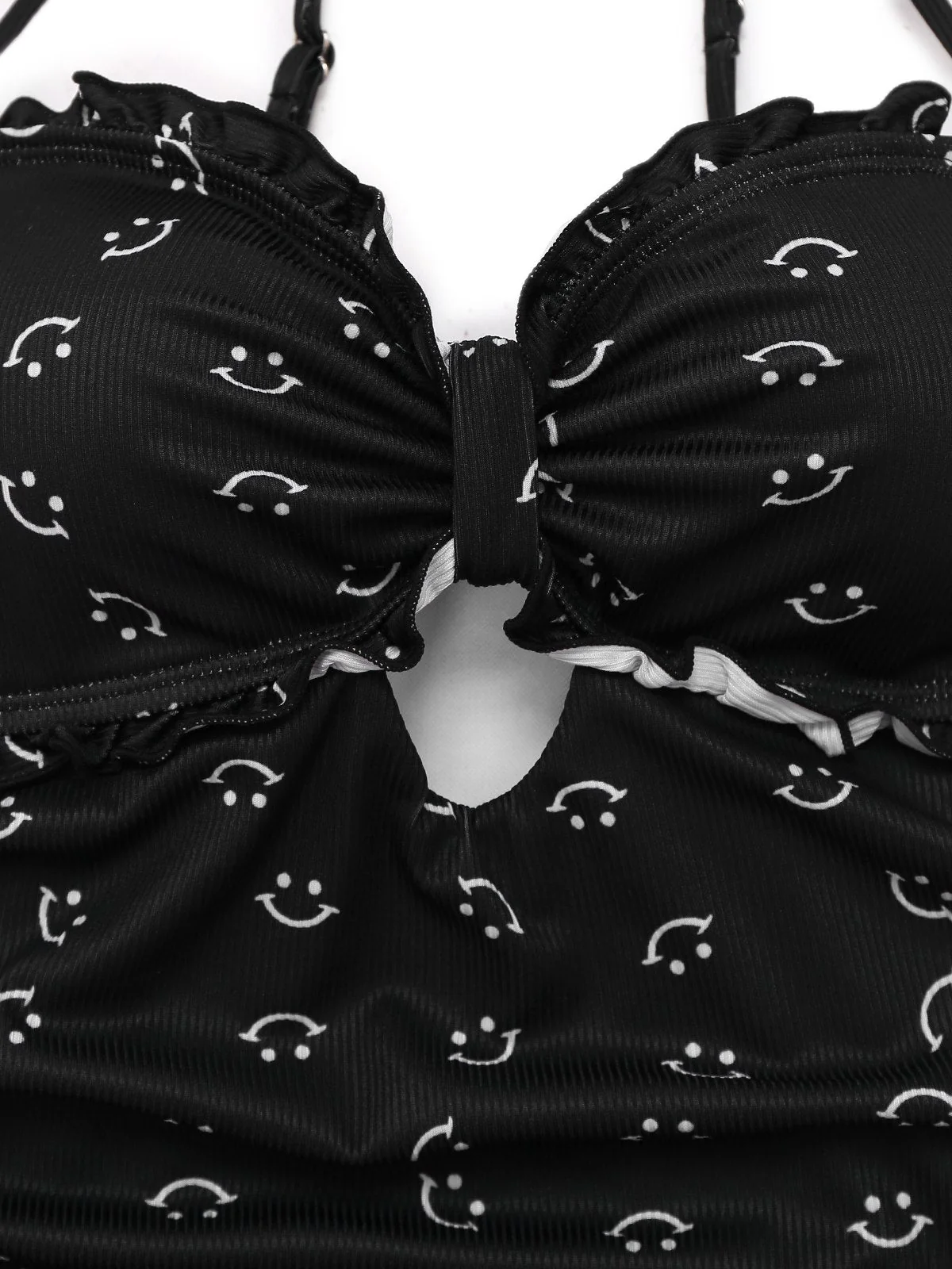Maillot de bain une pièce noir à volants et bretelles imprimé sourire années 1930 - Image 3