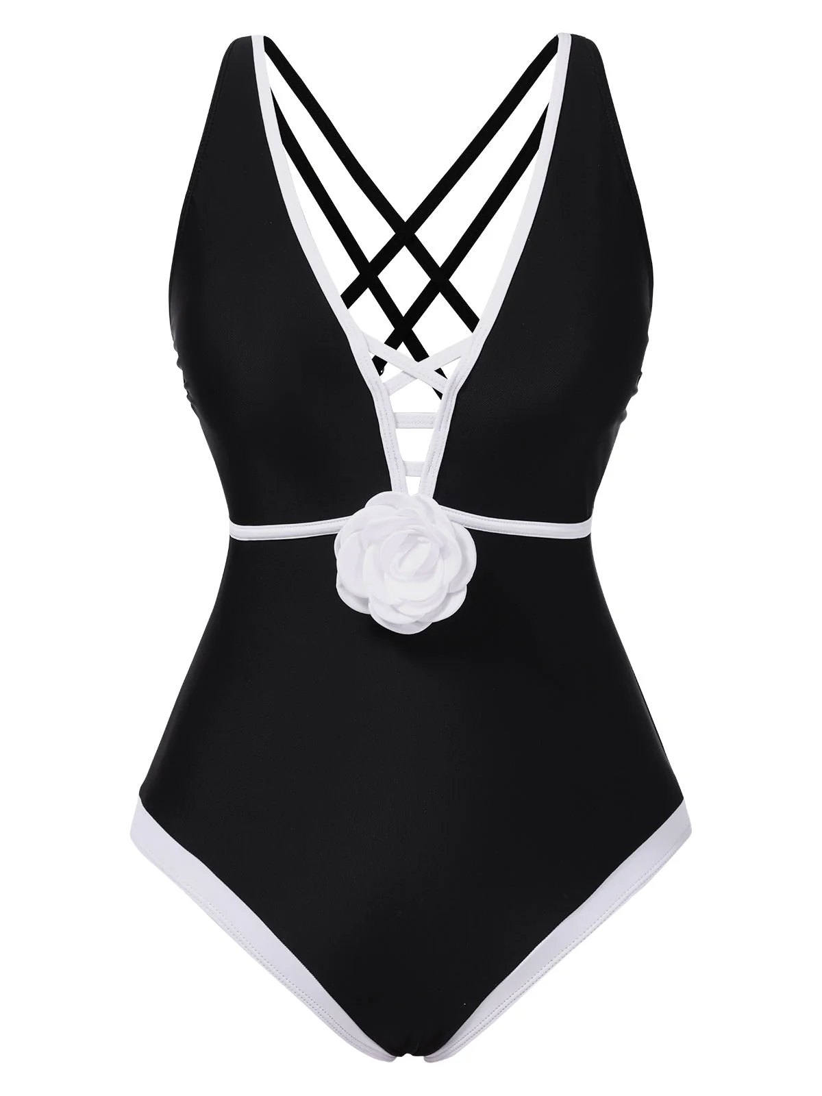 Maillot de bain une pièce noir patchwork de fleurs 3D des années 1950