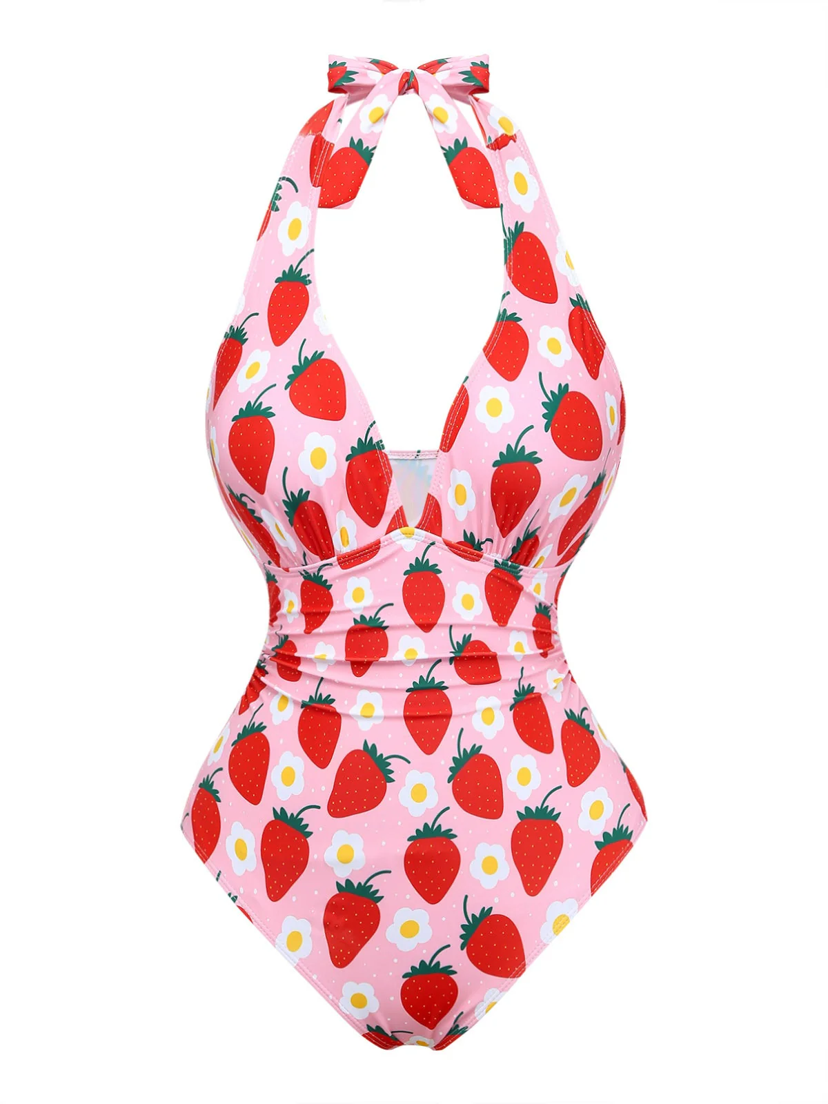 Maillot de bain une pièce plissé effet ventre plat couleur fraise années 1950 - Image 3