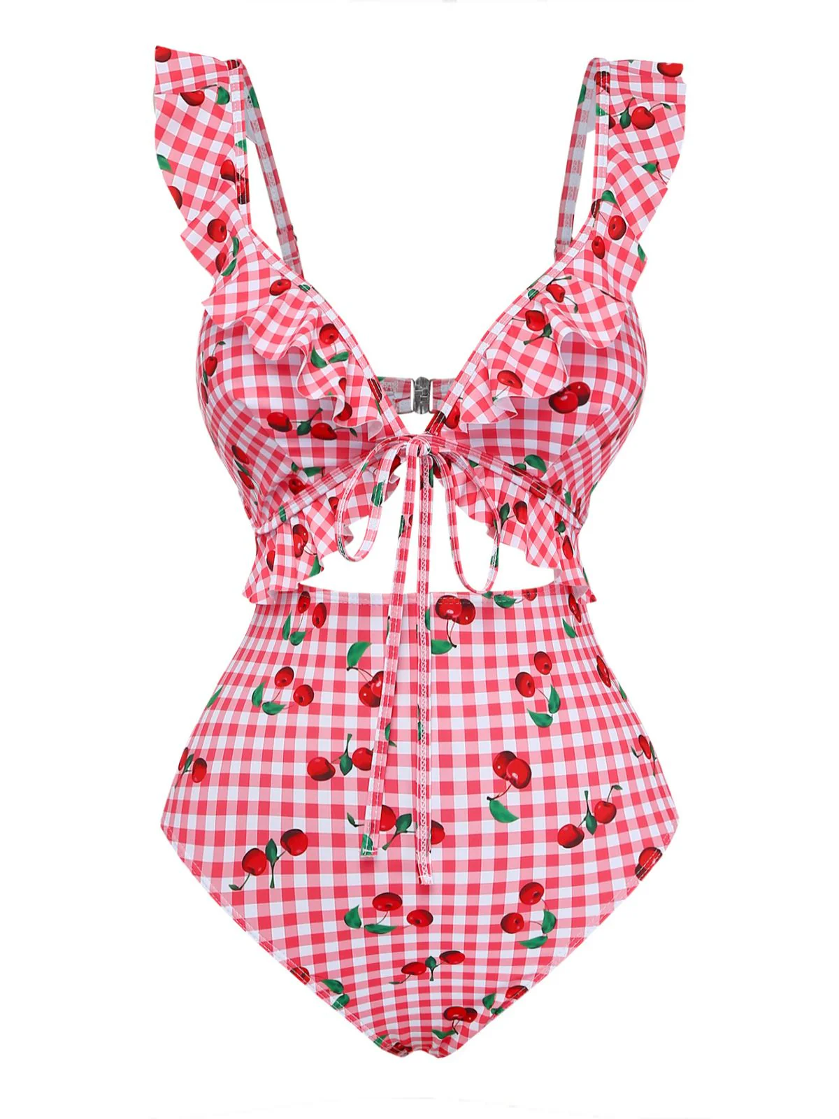 Maillot de bain une pièce rouge à carreaux cerise années 50 - Image 2