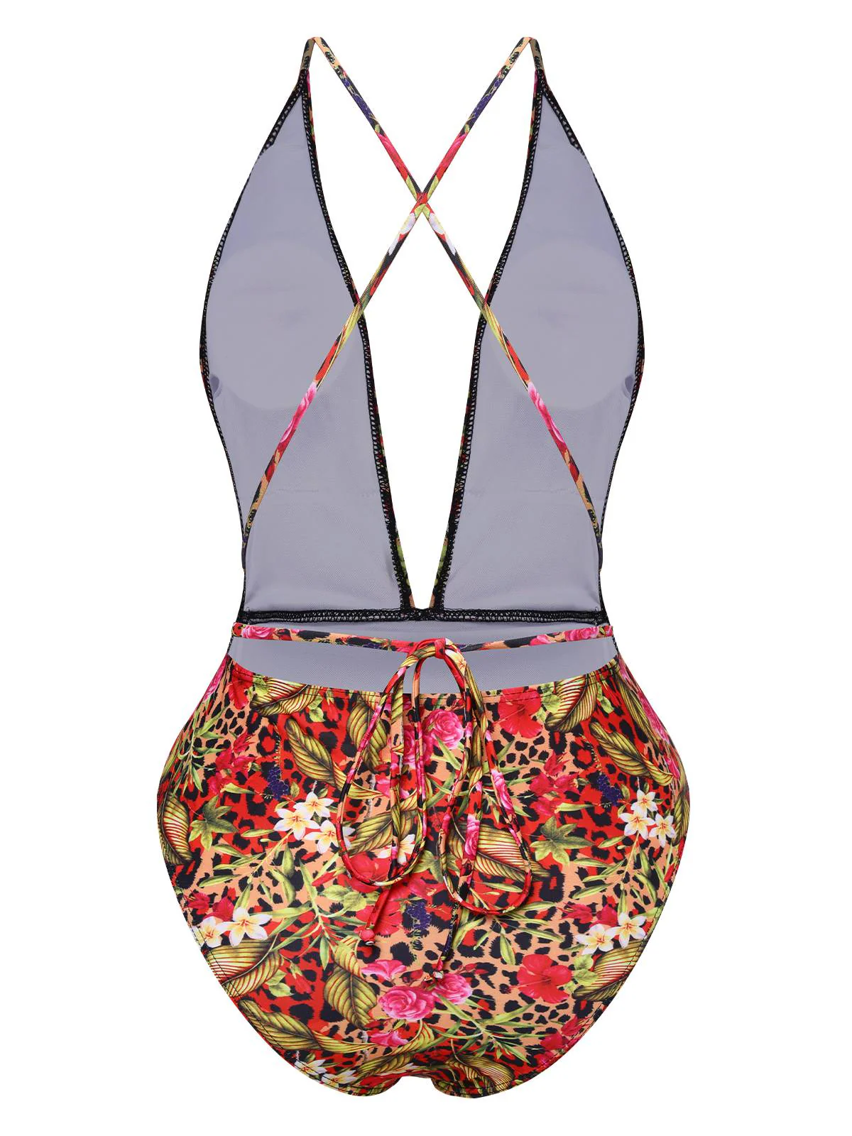Maillot de bain une pièce rouge à imprimé léopard et fleurie des années 1970 - Image 2
