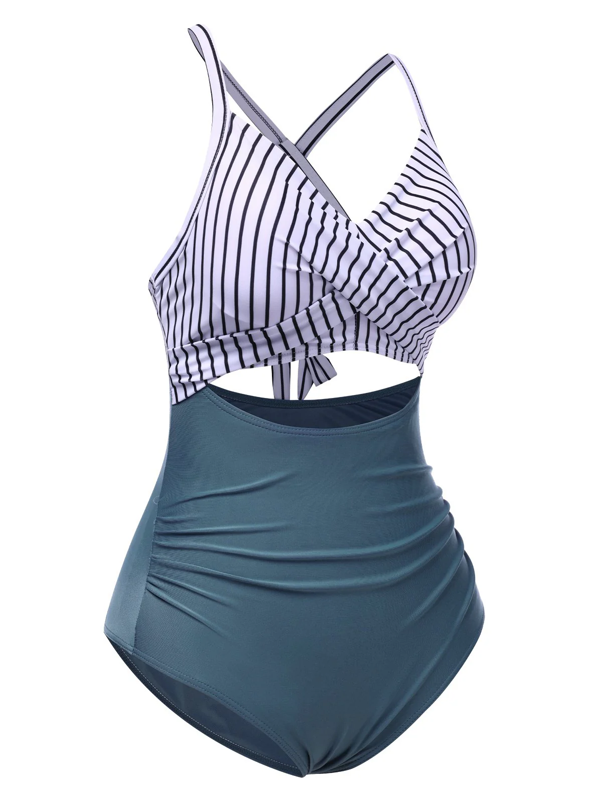 Maillot de bain bleu à rayures et patchwork creux années 1940 - Image 2