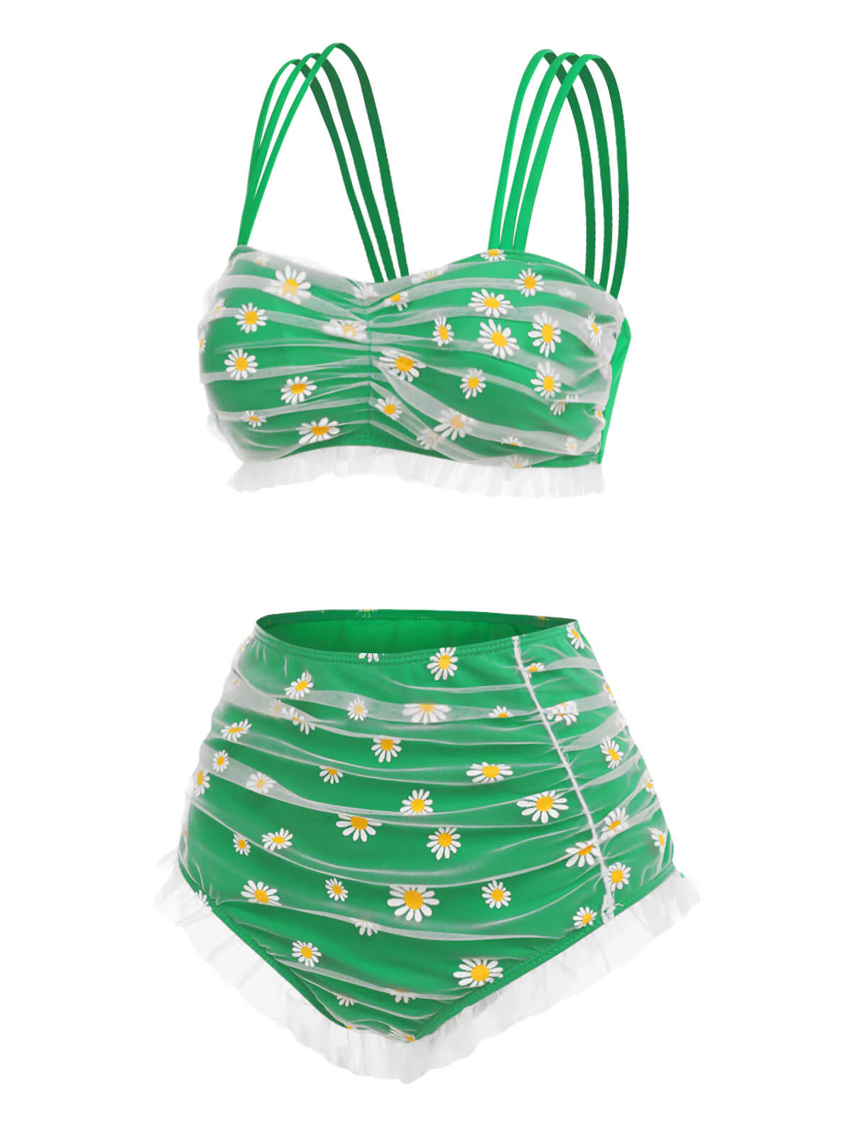 Maillot de bain vert à bretelles et fleurs en dentelle - Image 2
