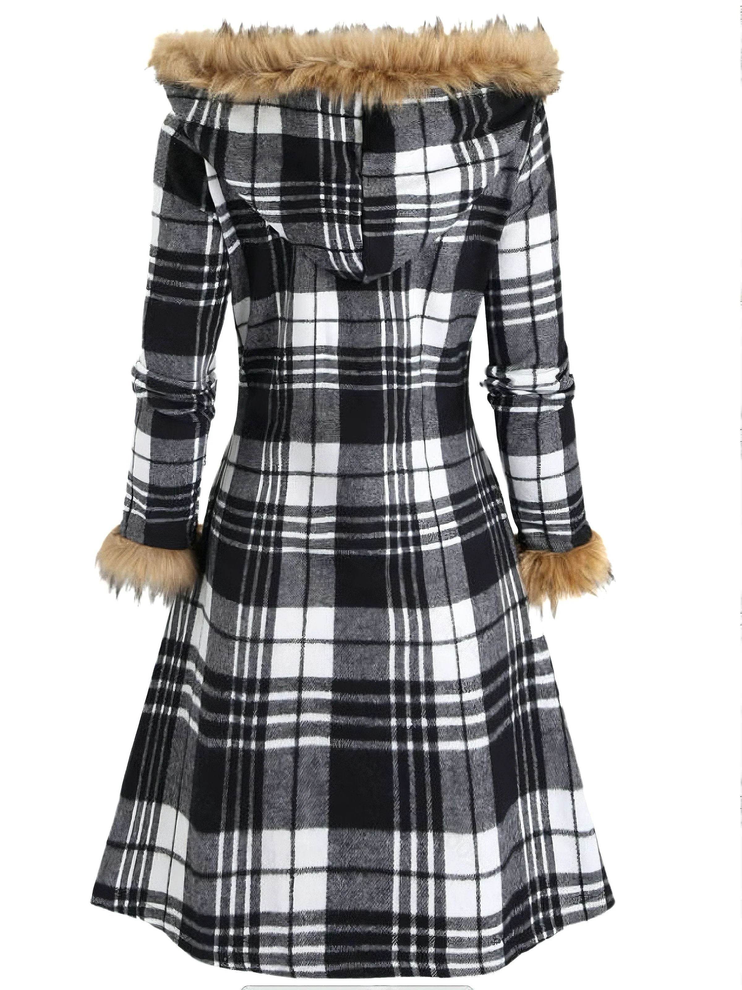 Manteau à capuche à carreaux et bordure en fausse fourrure années 1940 - Image 2
